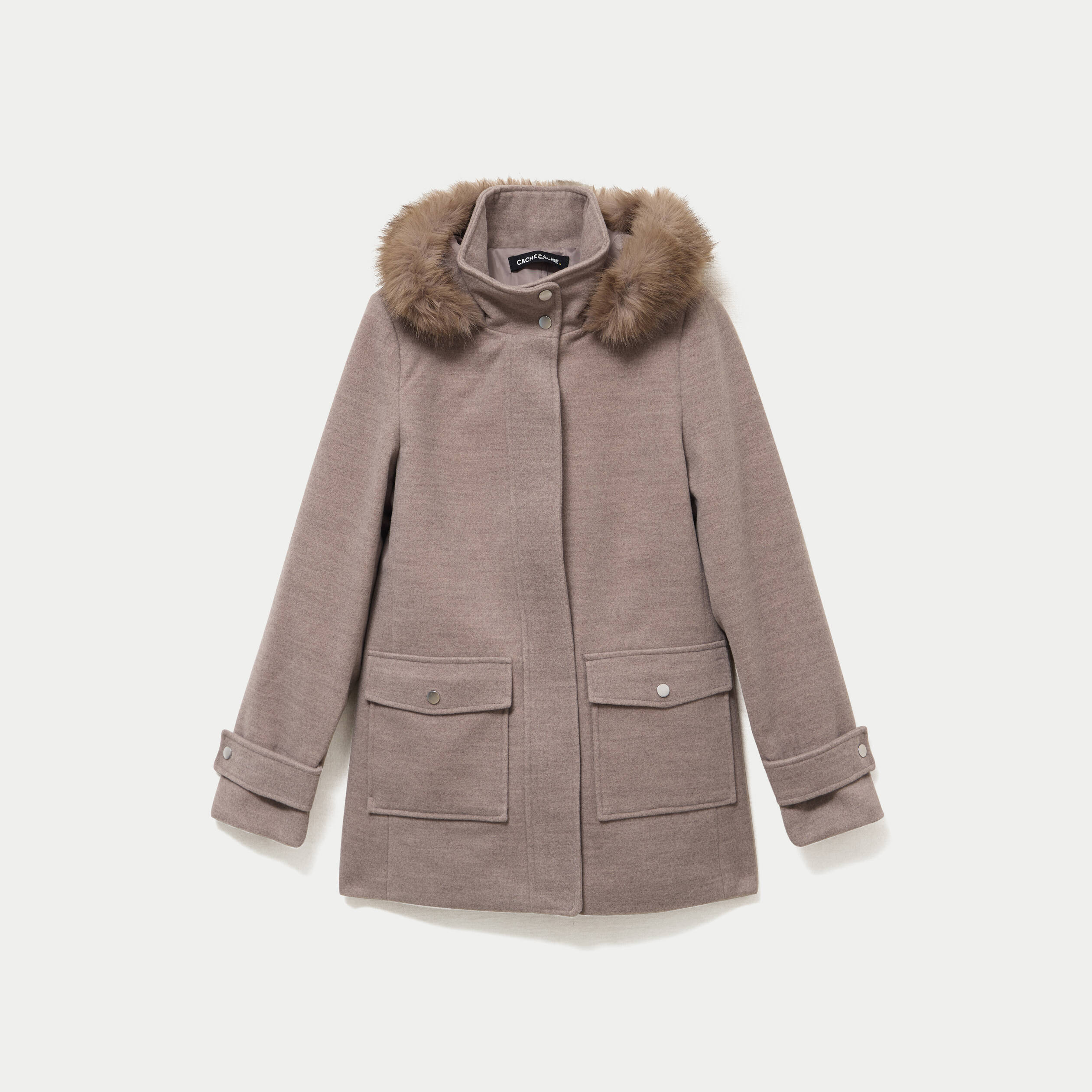 Manteau mi-long &agrave; capuche taupe femme