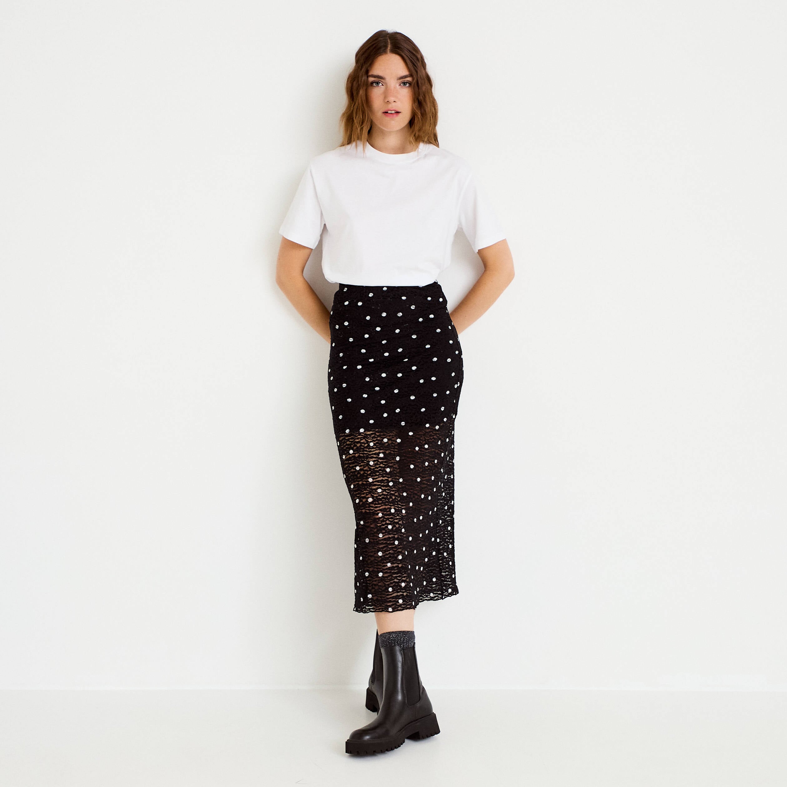 Jupe longue ajust&eacute;e en dentelle noir femme