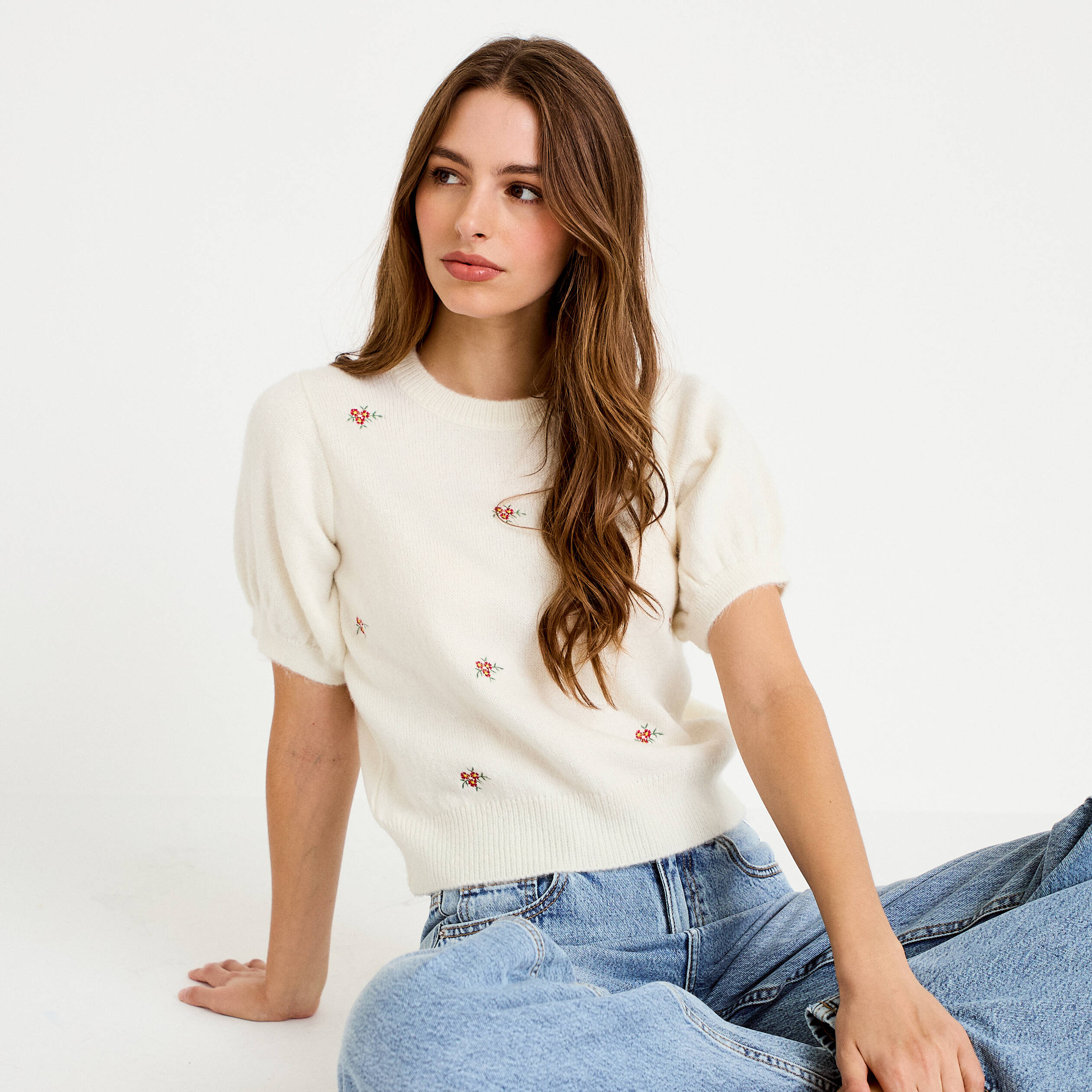 Pull col rond manches courtes brod&eacute; ecru femme
