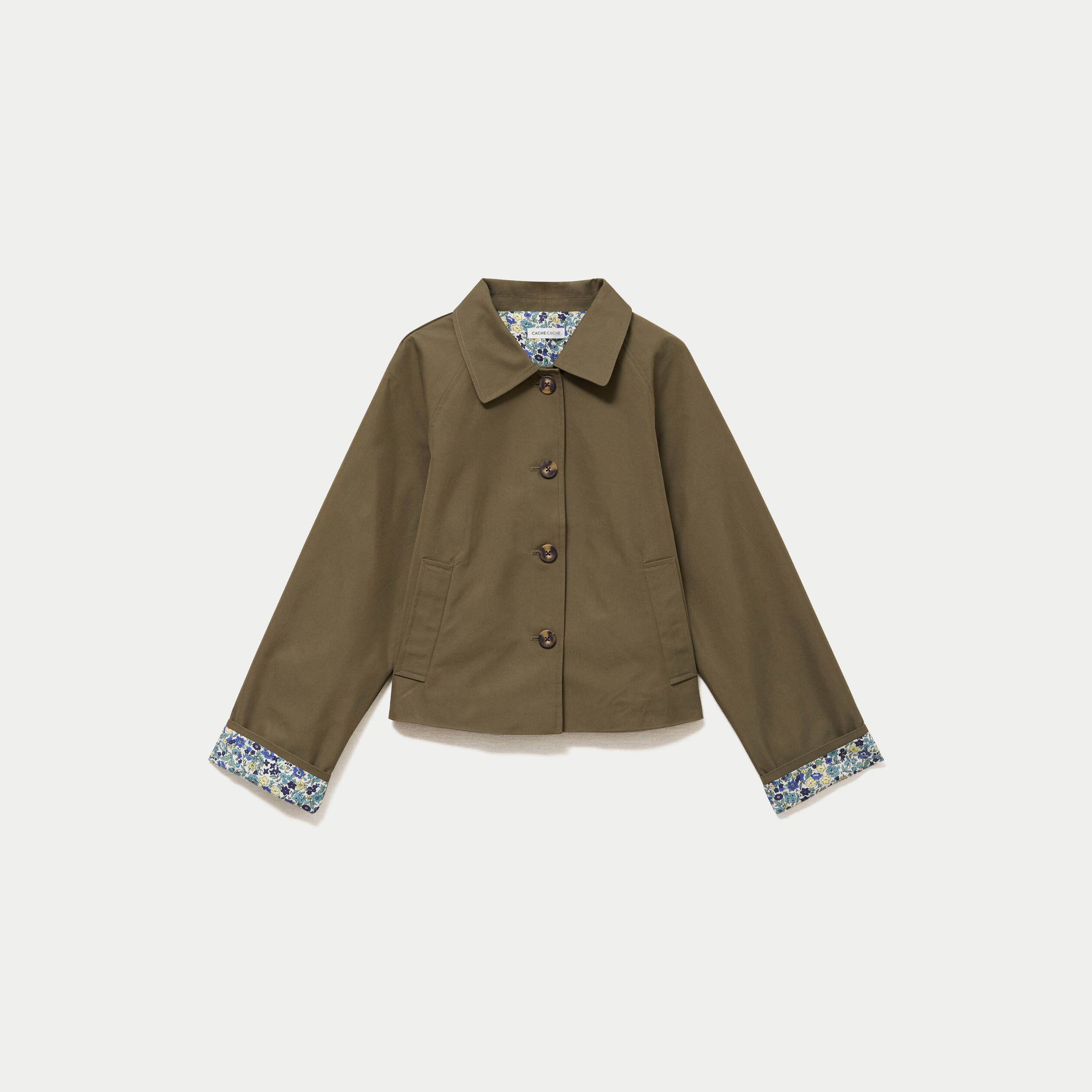 Veste courte boutonn&eacute;e doublure vichy vert kaki femme