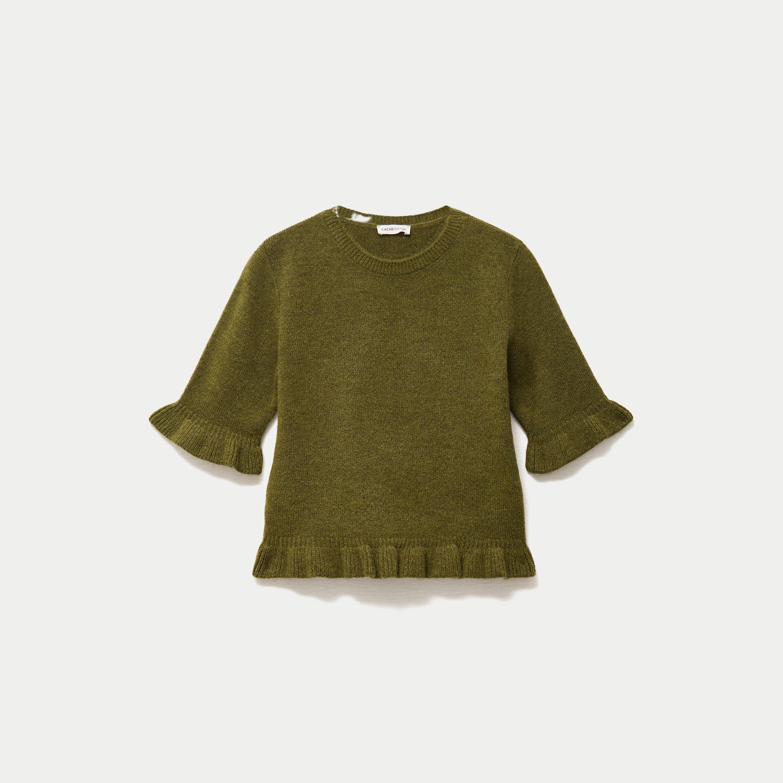 Pull col rond manches courtes vert fonc&eacute; femme