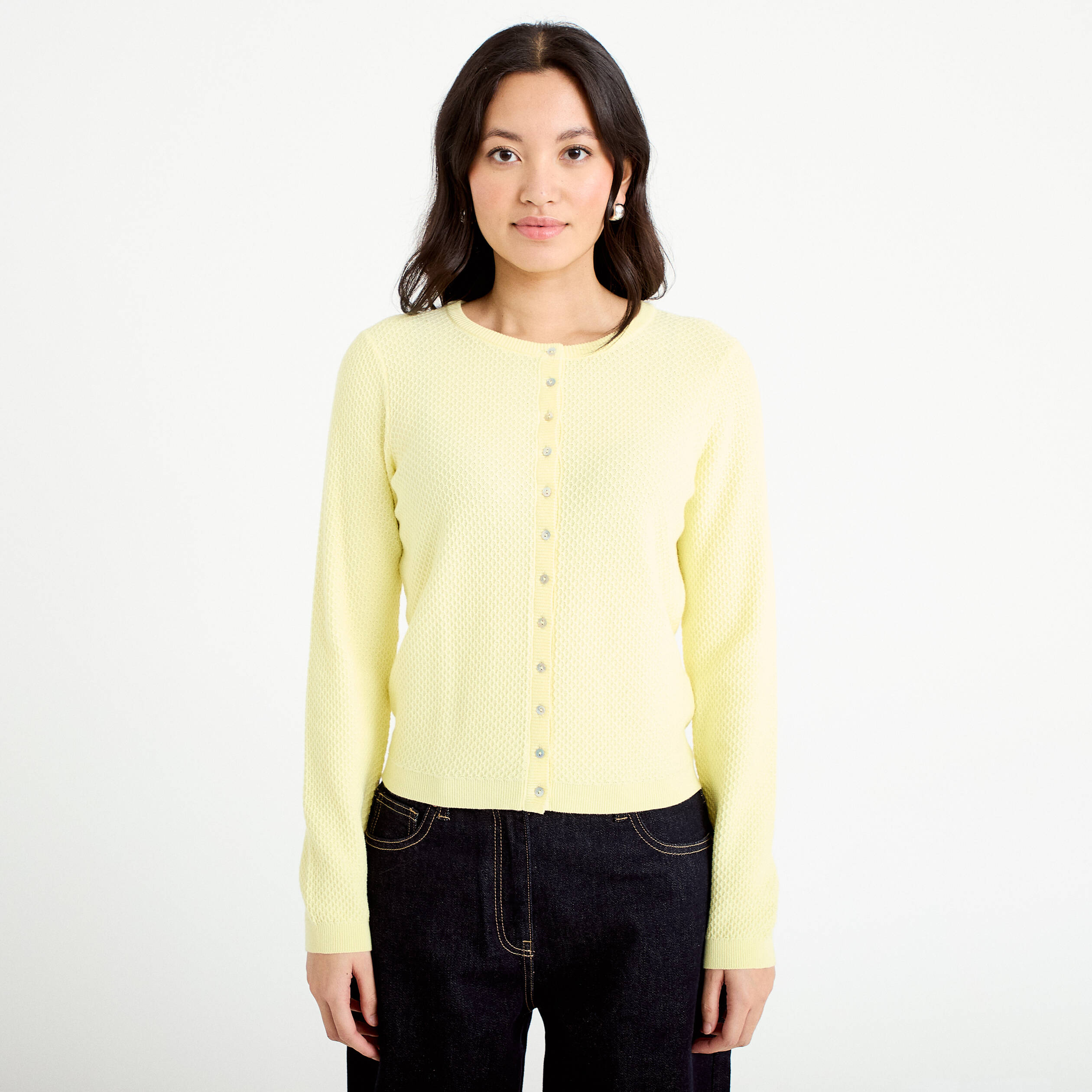 Gilet ajour&eacute; manches longues jaune clair femme