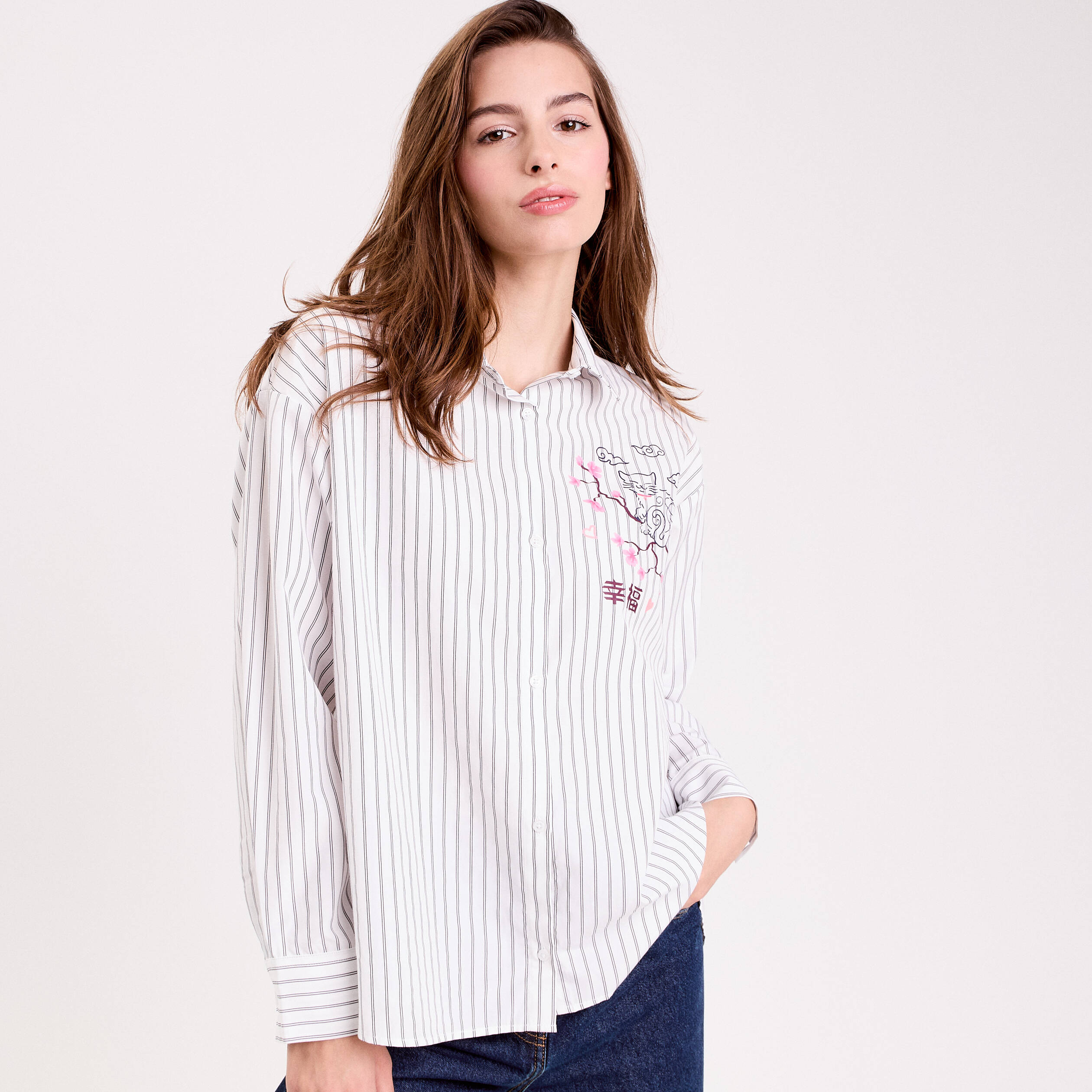 Chemise col chemise manches longues blanc femme