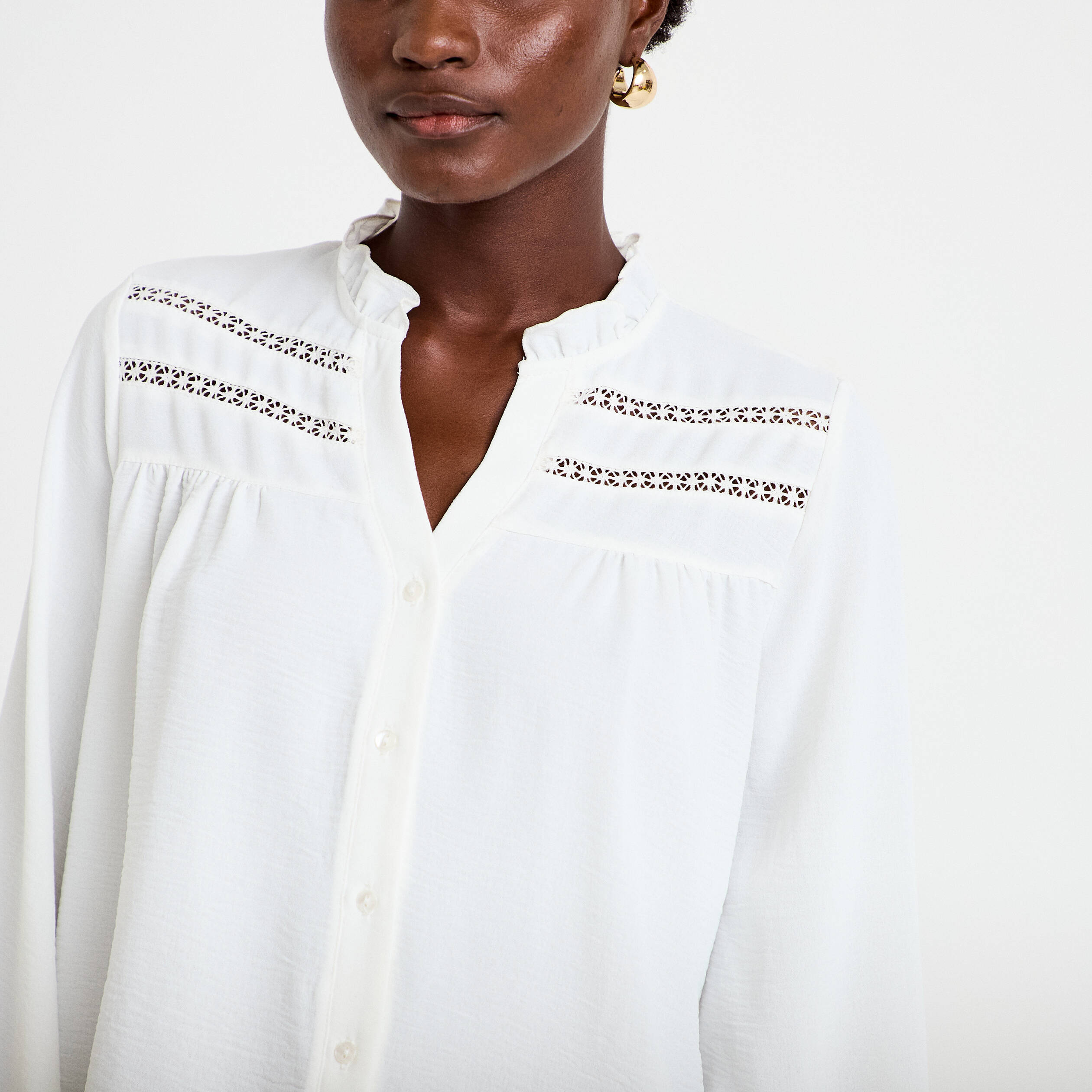 Blouse droite col mao manches longues ecru femme