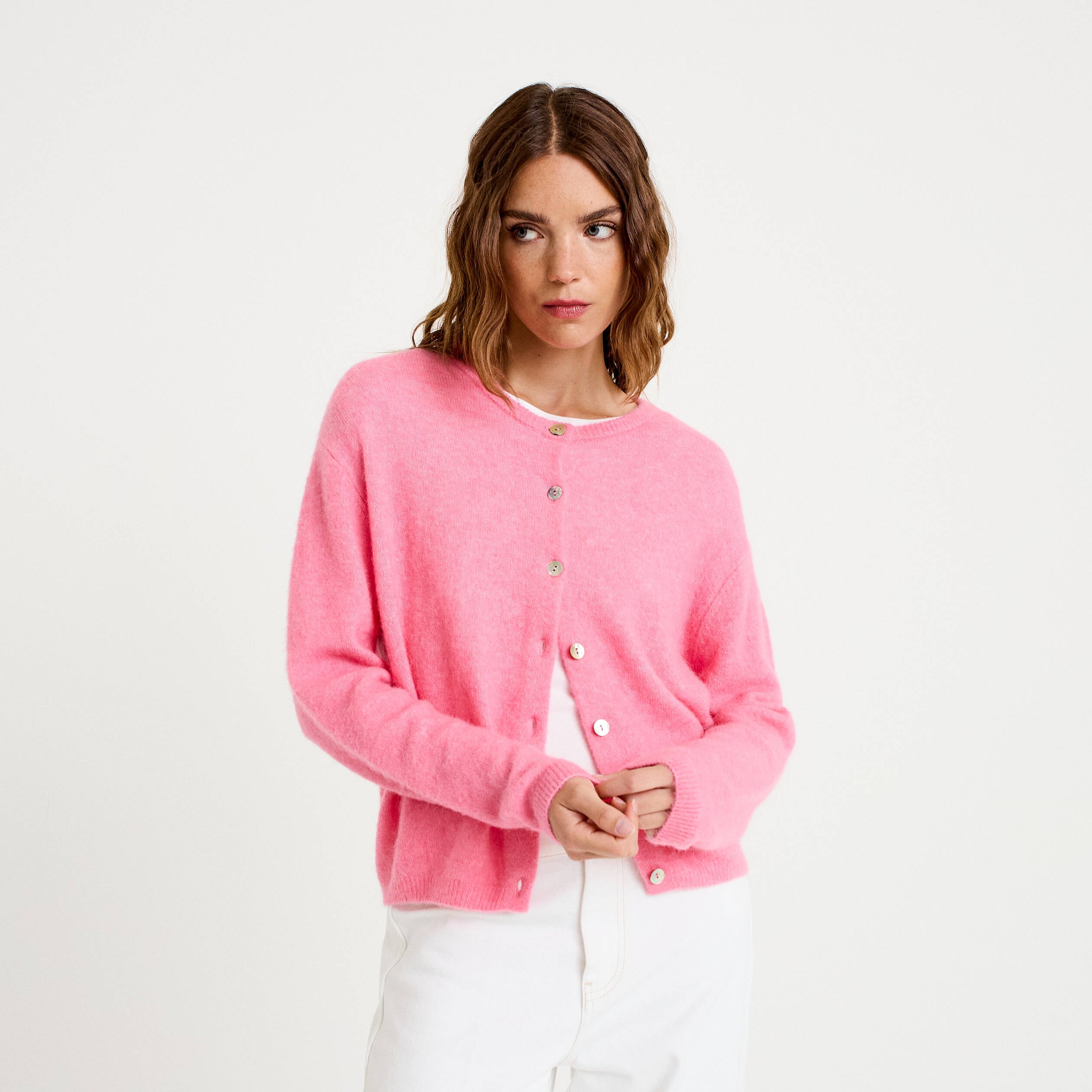Gilet manches longues rose vif femme