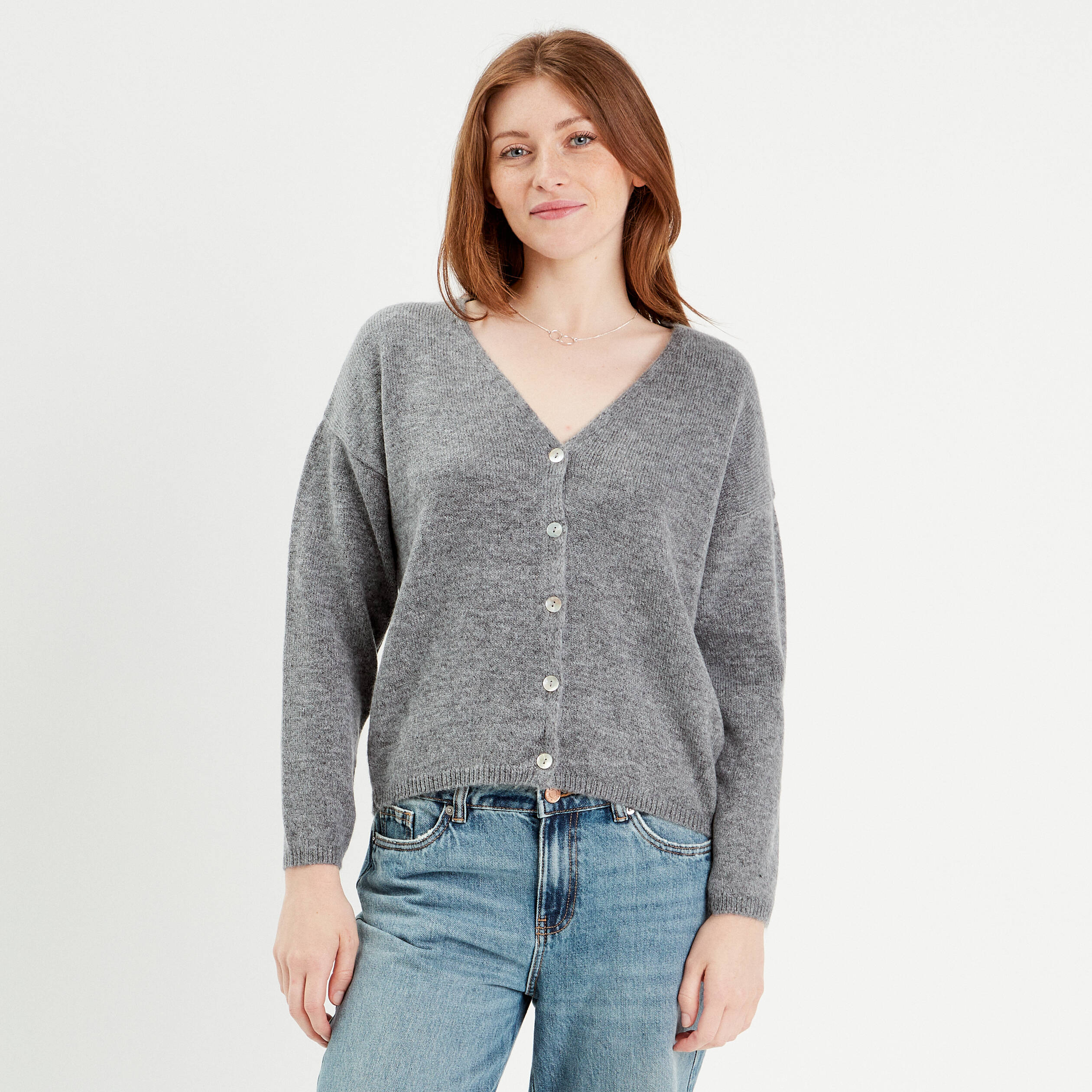 Gilet boutonn&eacute; avec col en V gris fonc&eacute; femme