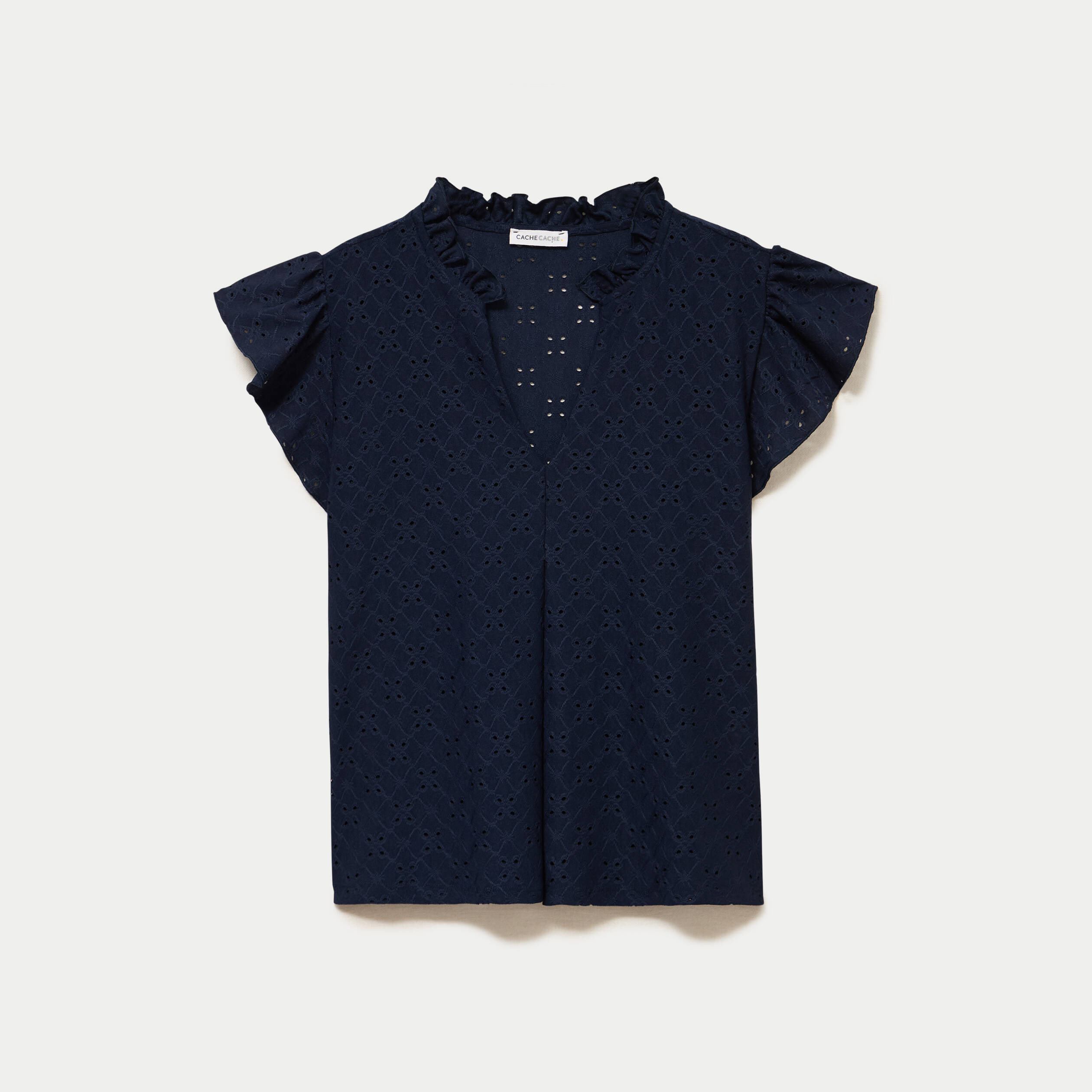 Blouse ajour&eacute;e col v manches courtes bleu marine femme