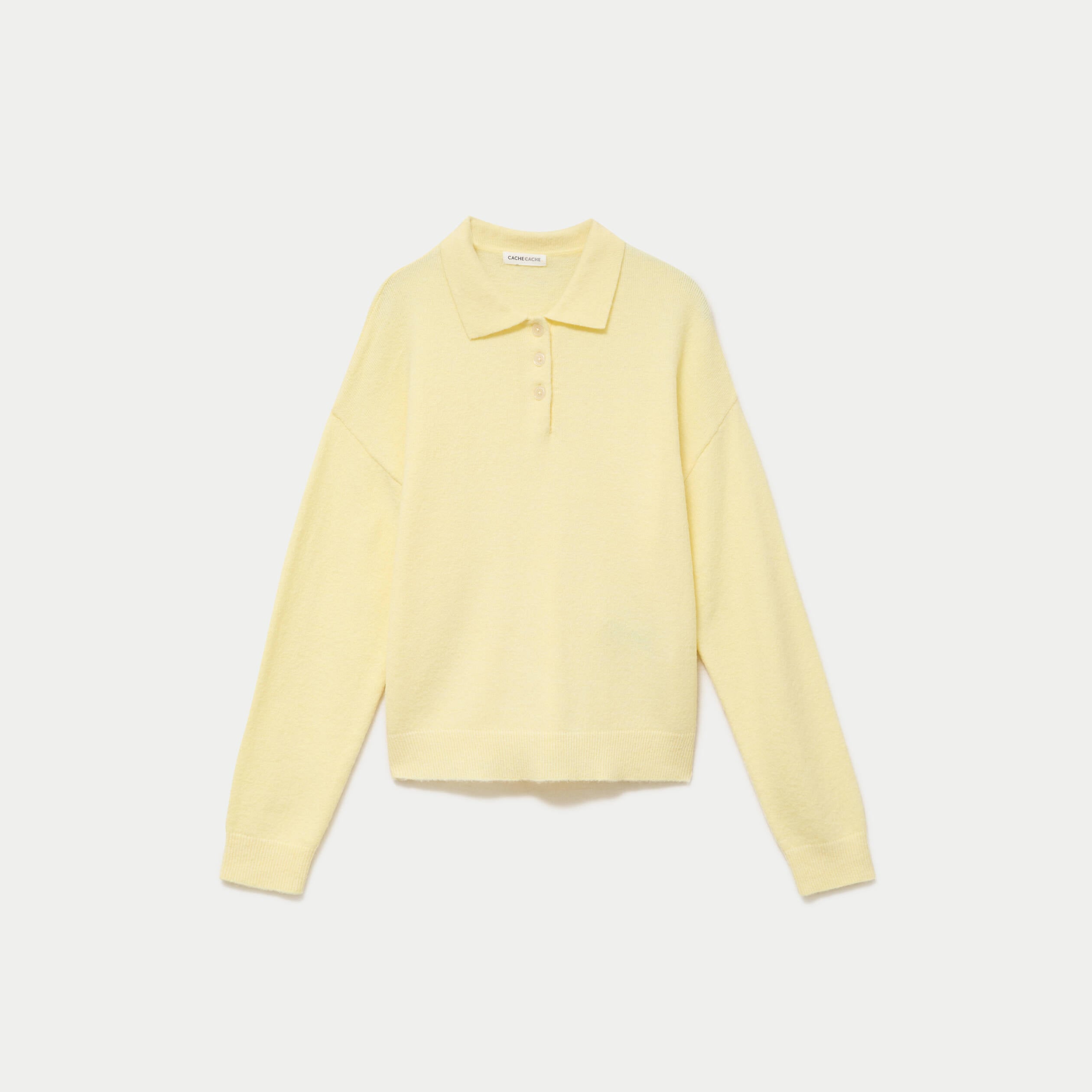 Pull col chemise manches longues jaune clair femme
