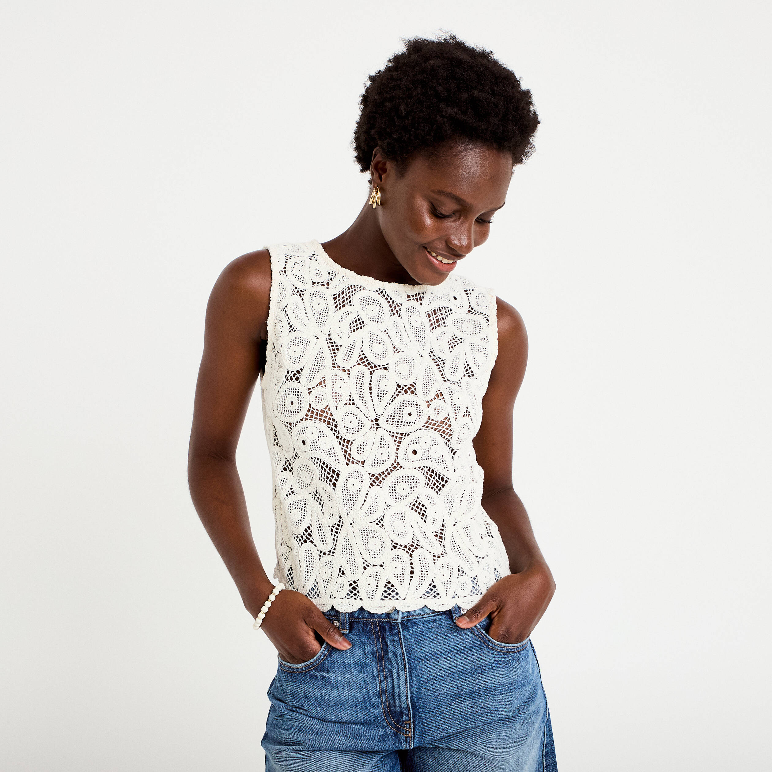 D&eacute;bardeur col rond aspect dentelle ecru femme