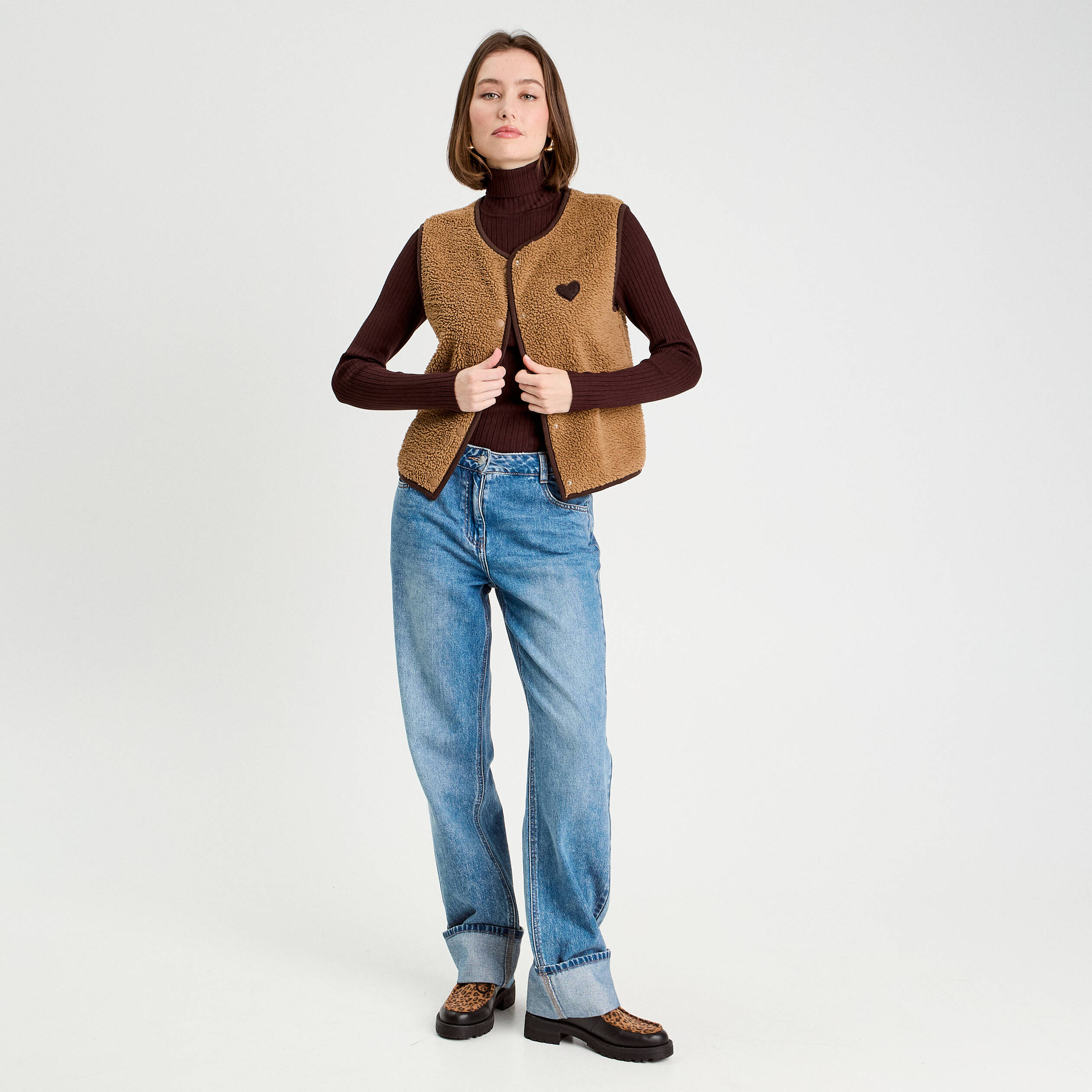 Pull c&ocirc;tel&eacute; col roul&eacute; marron fonc&eacute; femme