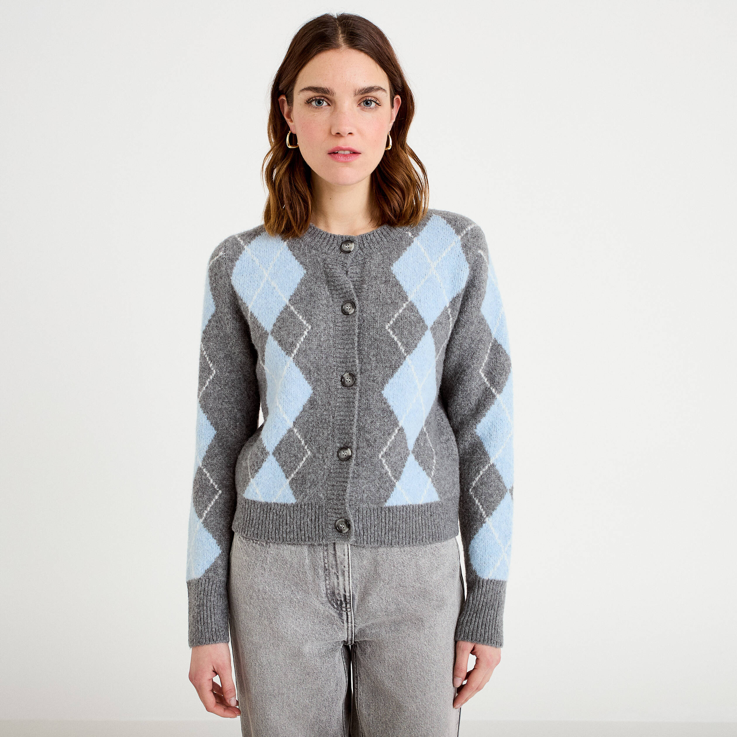 Cardigan col rond manches longues gris fonc&eacute; femme