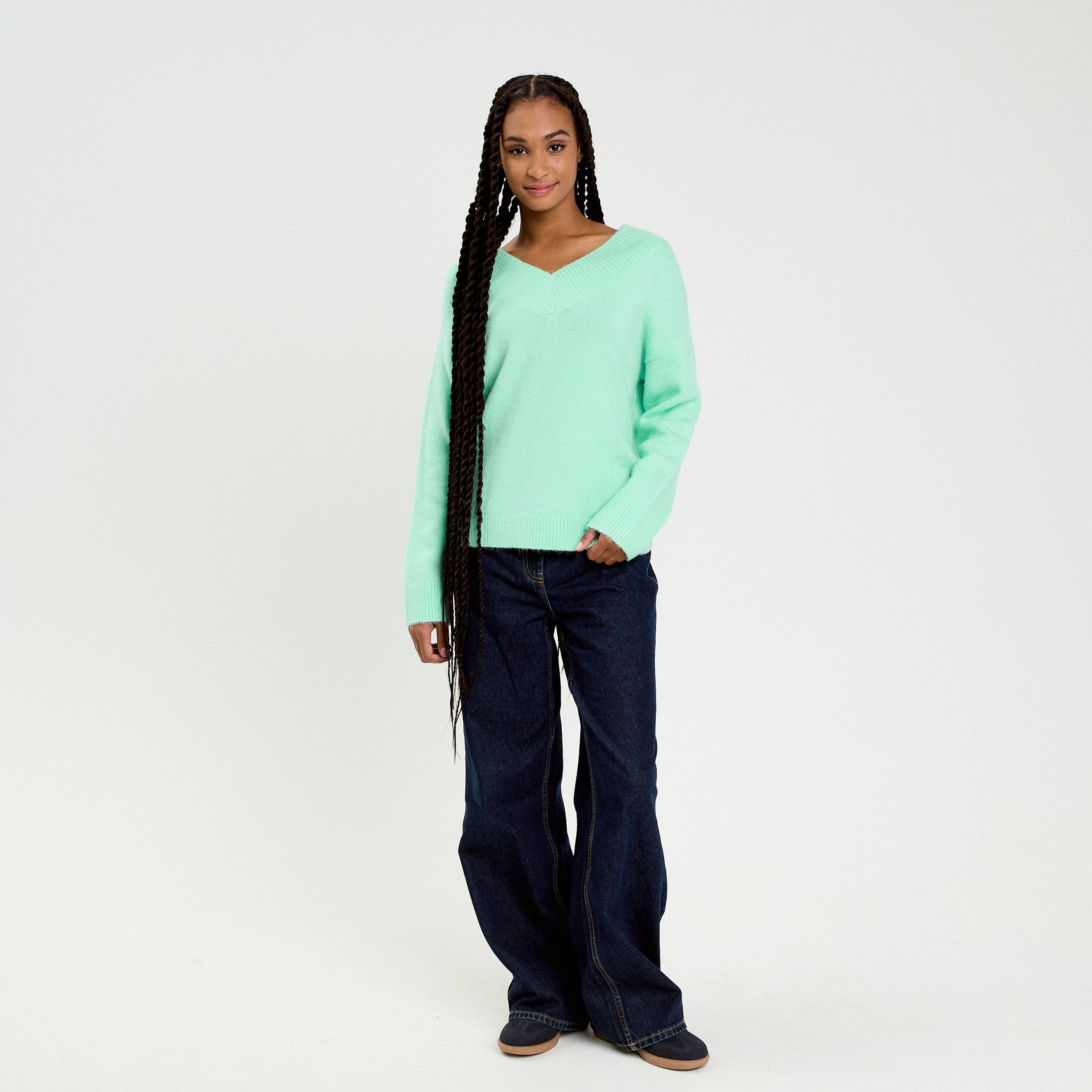 Pull oversize col v manches longues vert menthe femme