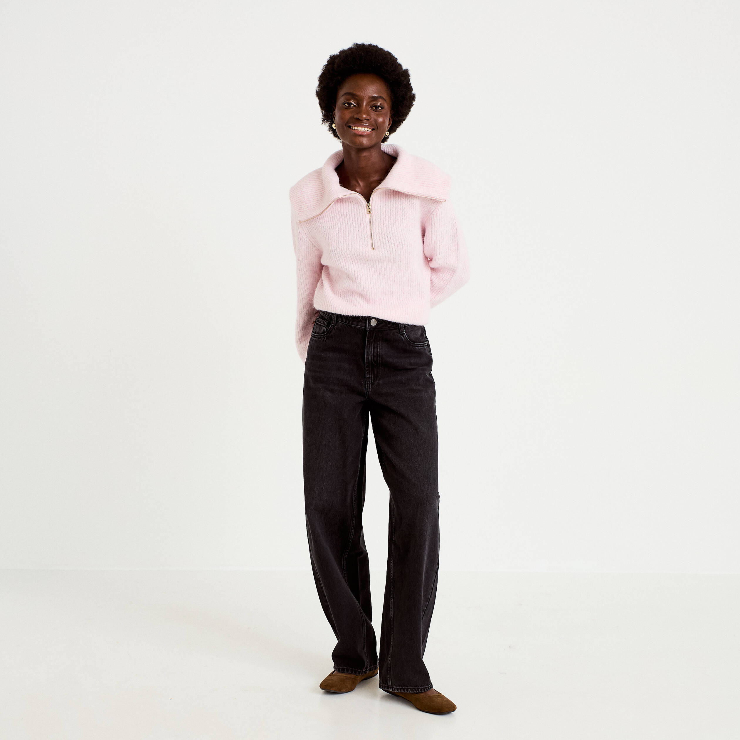 Pull col camionneur manches longues rose clair femme