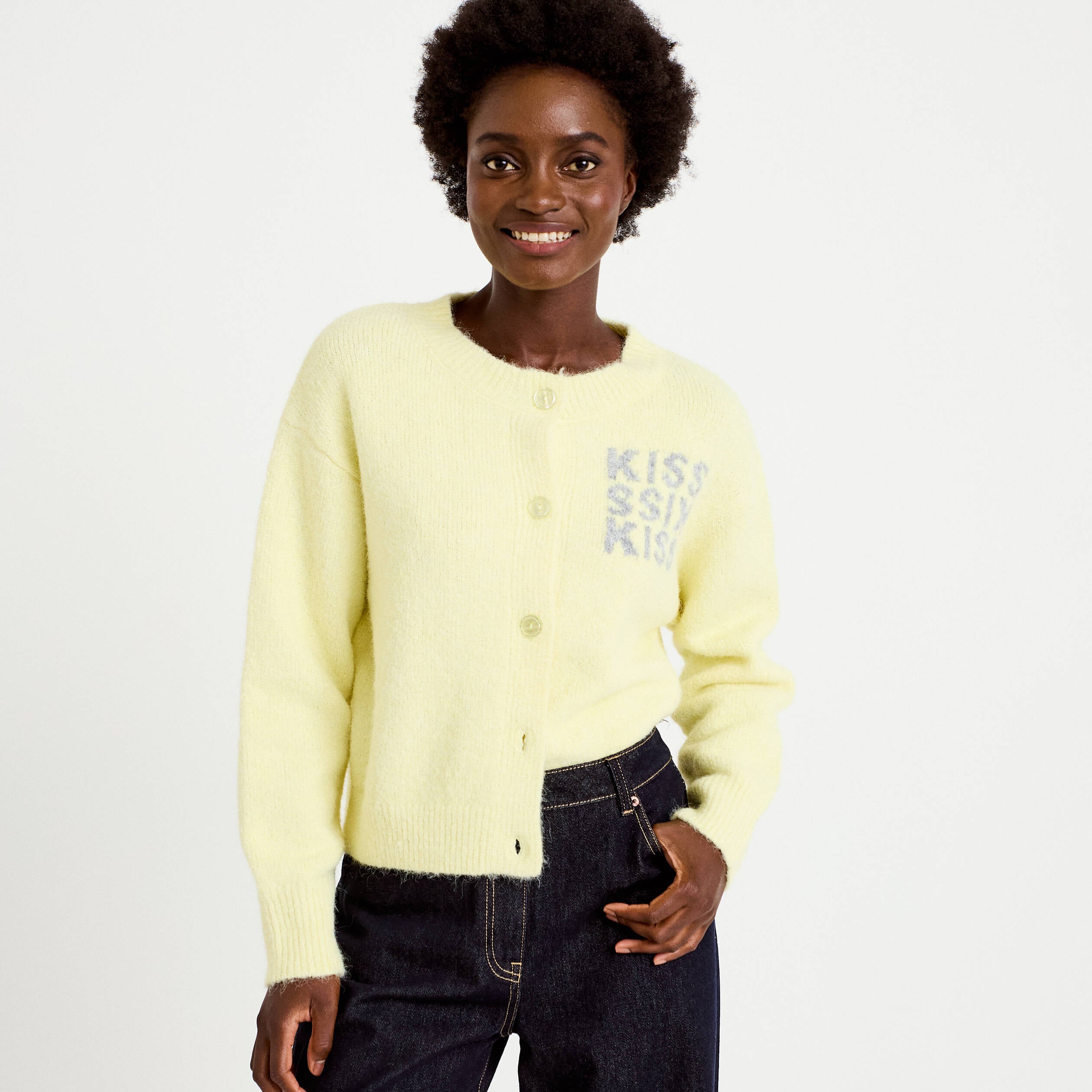 Gilet ample col rond manches longues jaune clair femme