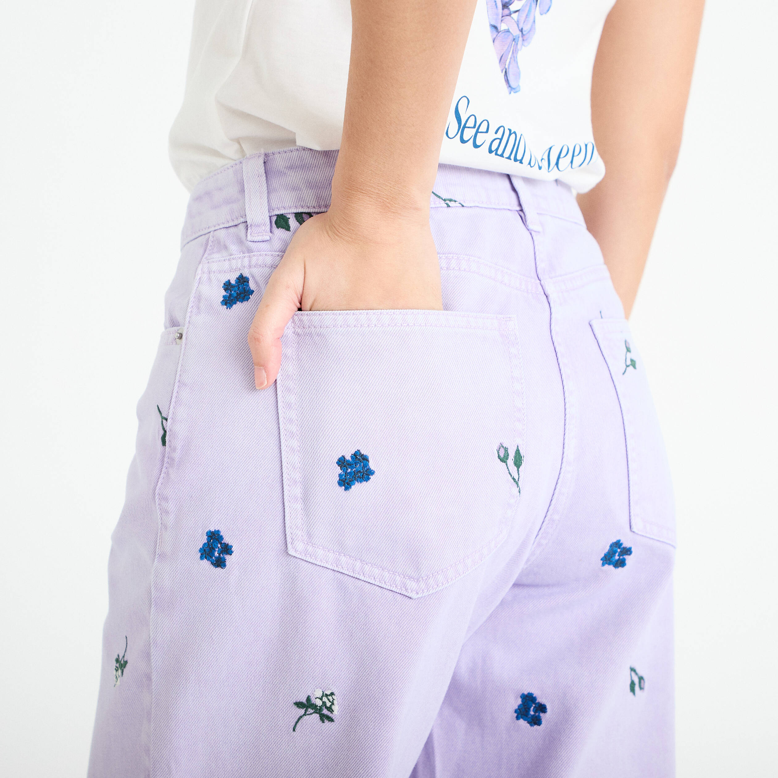 Jean wide leg brod&eacute; Bridgerton mauve femme
