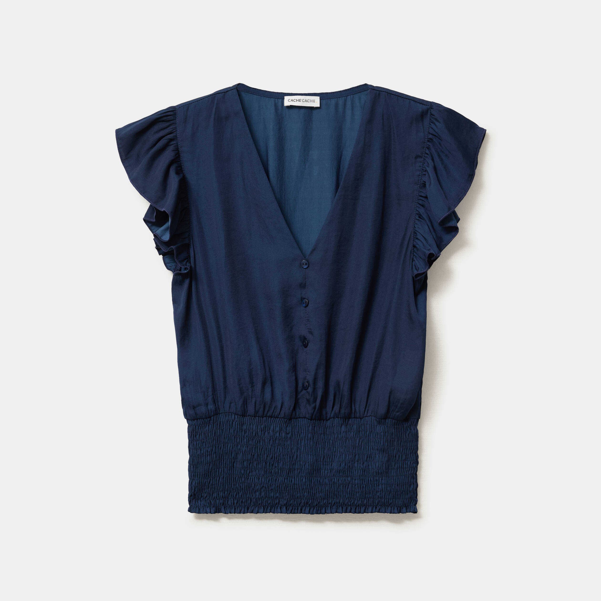 Blouse cintr&eacute;e col v manches courtes bleu marine femme