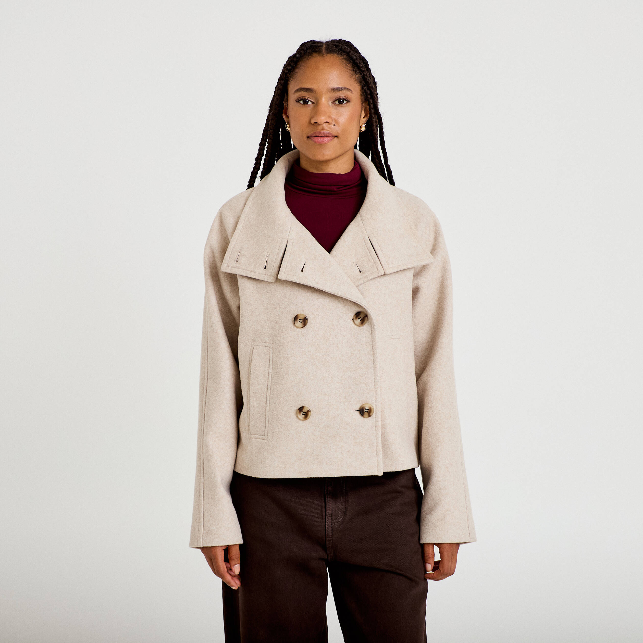 Caban court col montant beige femme