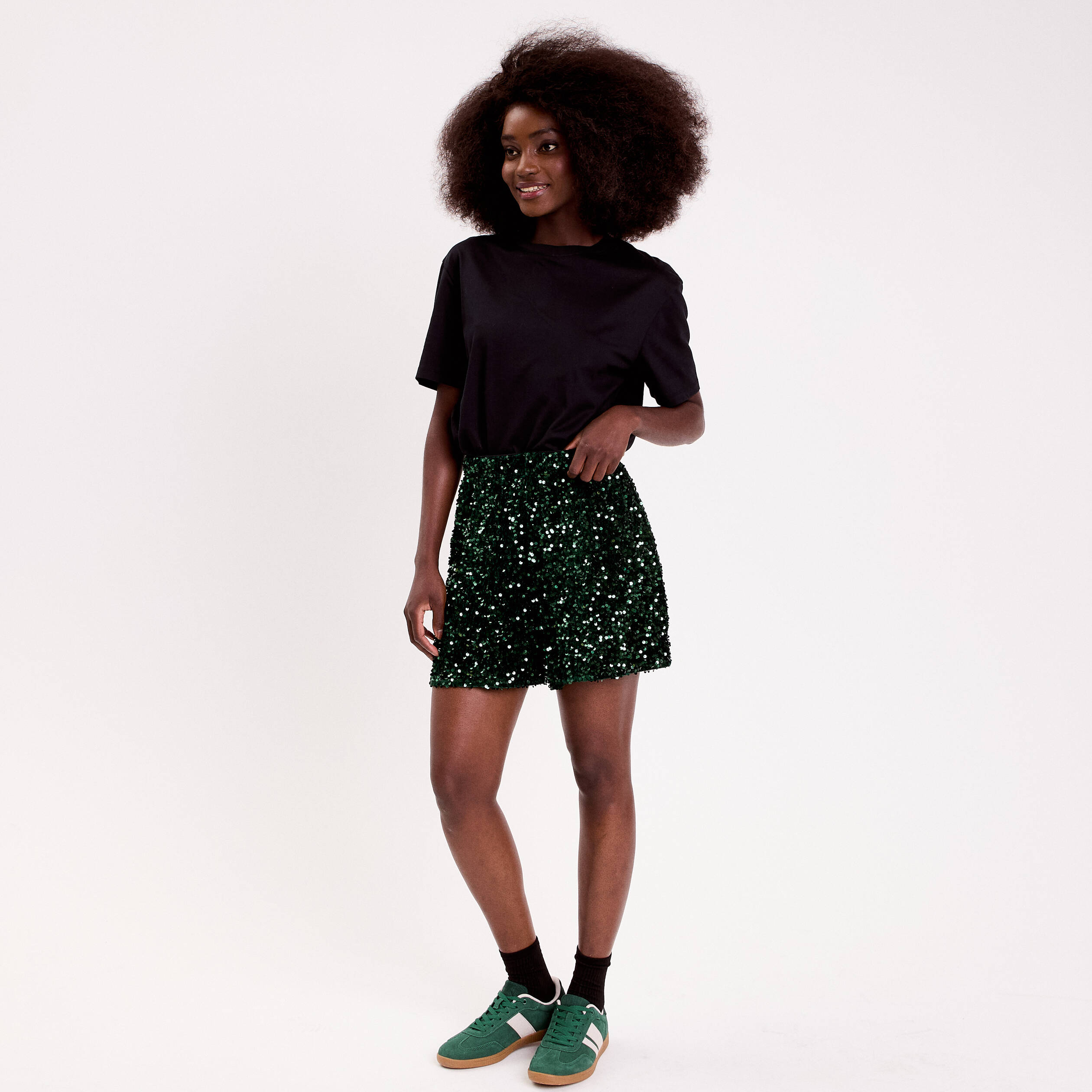 Short flare &agrave; sequins brillants vert fonc&eacute; femme
