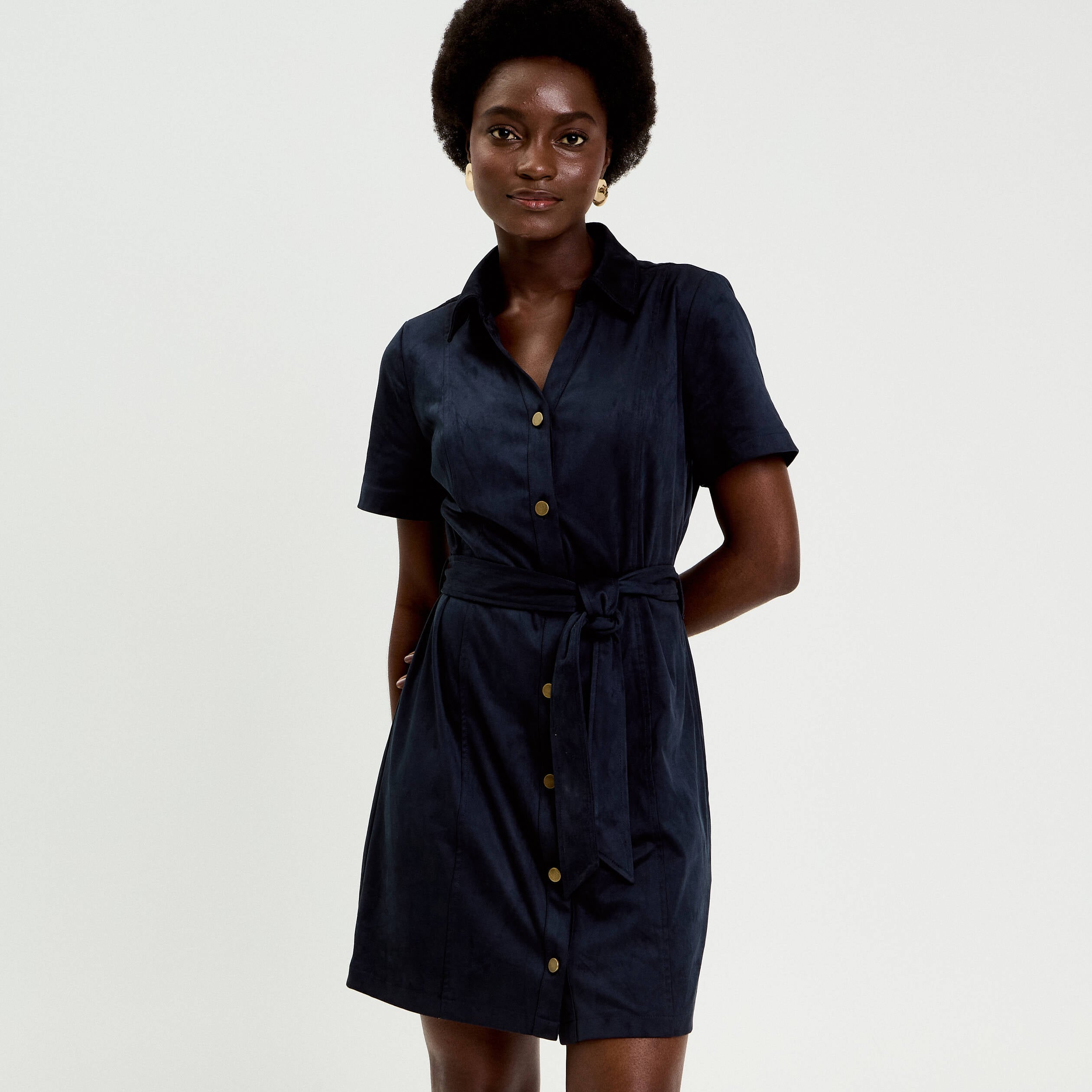 Robe boutonn&eacute;e aspect daim bleu marine femme
