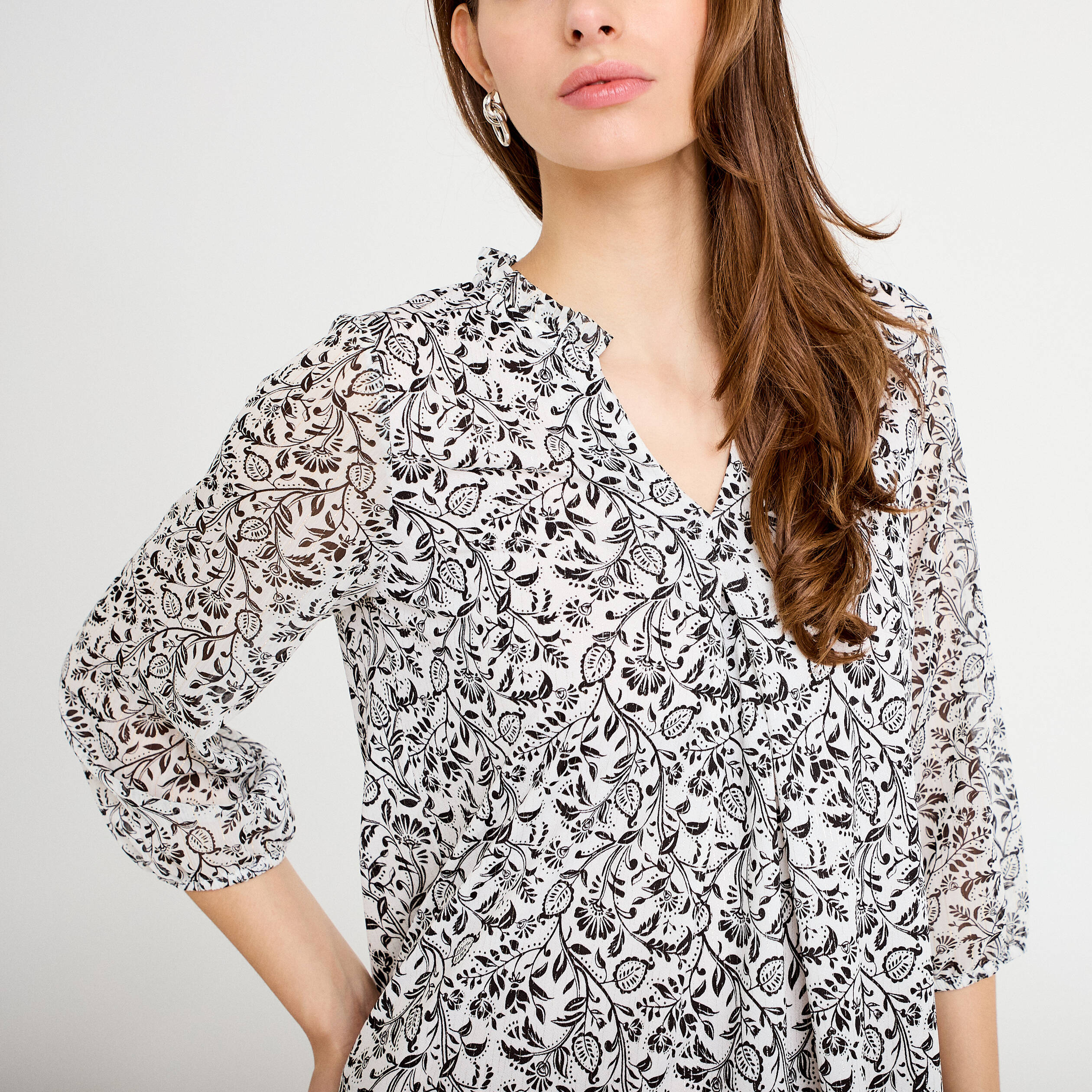 Blouse col v manches 3/4 blanc femme