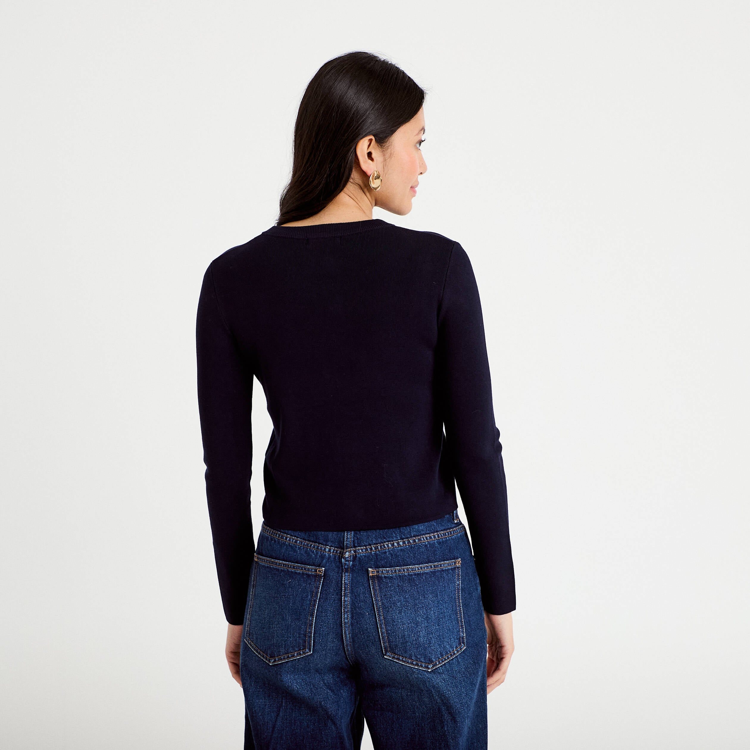 Gilet ajust&eacute; cropped col rond bleu marine femme