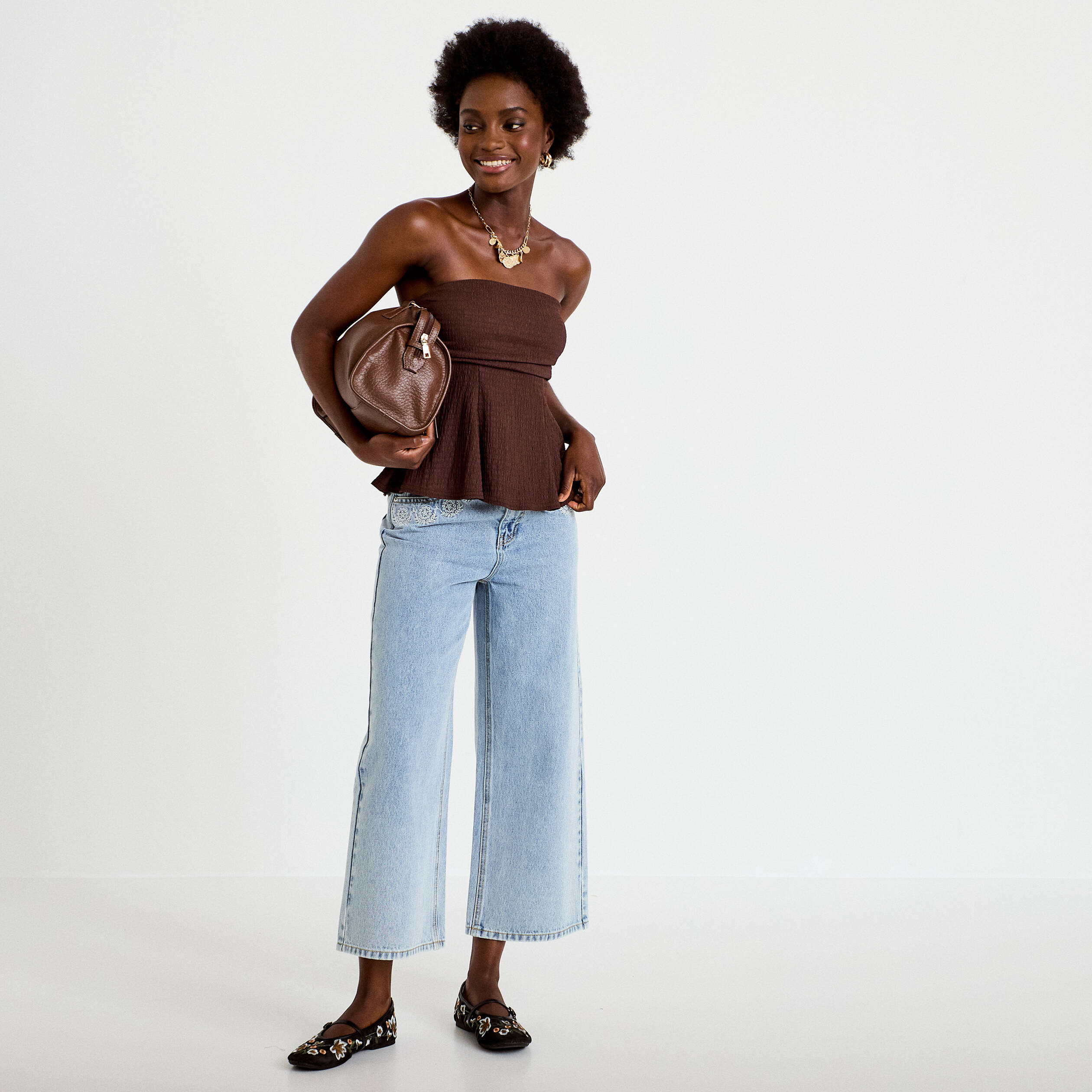 Bustier p&eacute;plum ajust&eacute; cropped pliss&eacute; marron fonc&eacute; femme