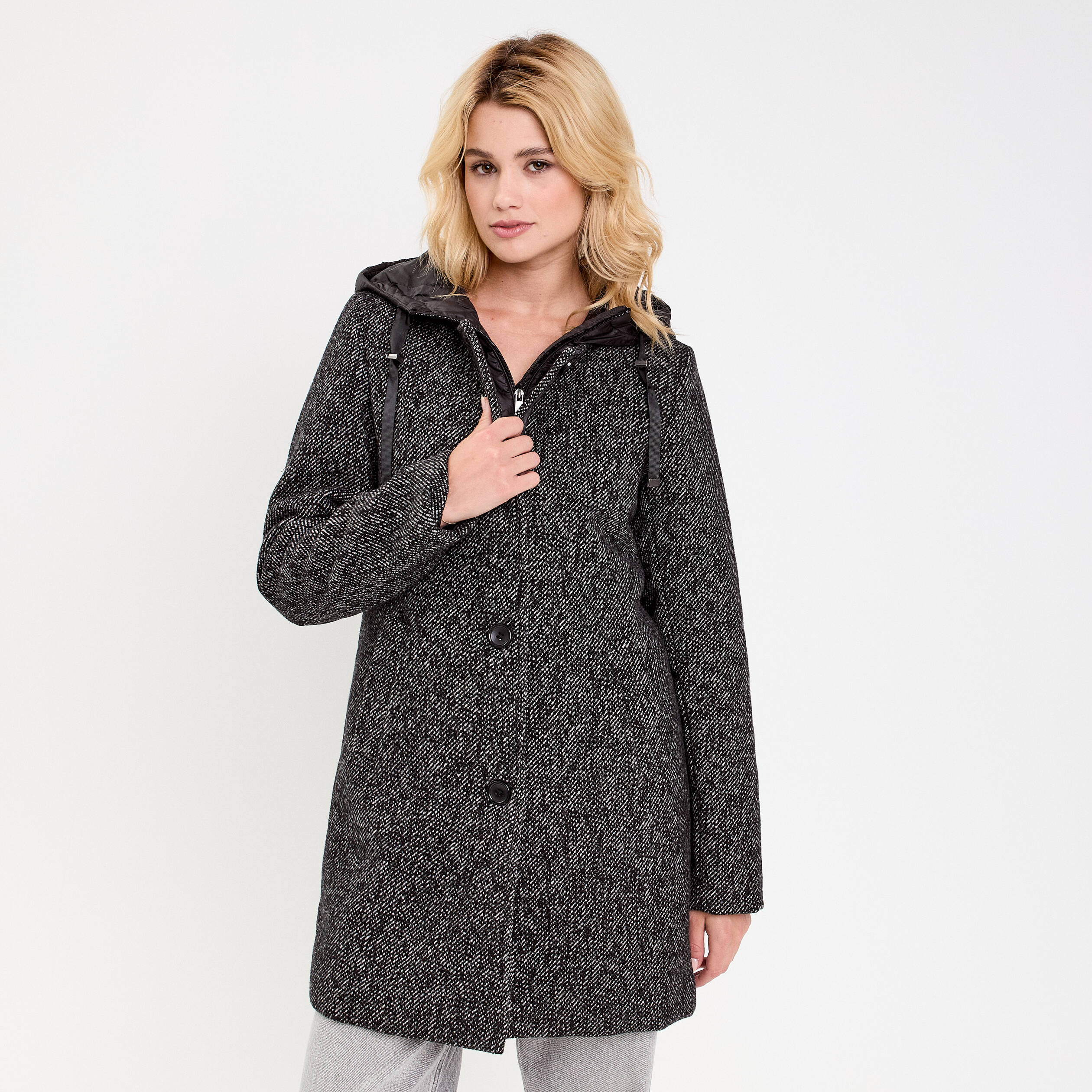 Manteau droit long &agrave; capuche noir femme