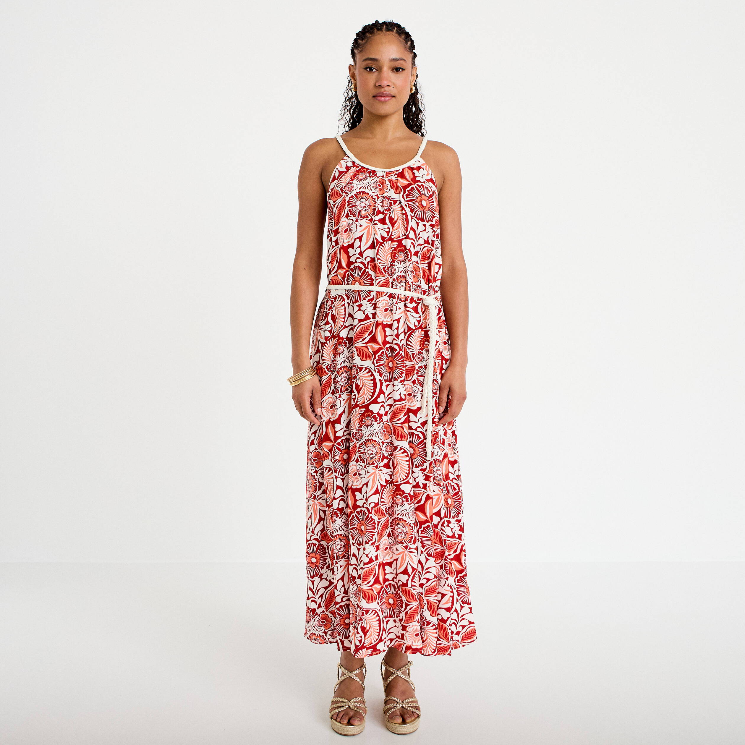 Robe longue &eacute;vas&eacute;e bretelles fines rouge femme