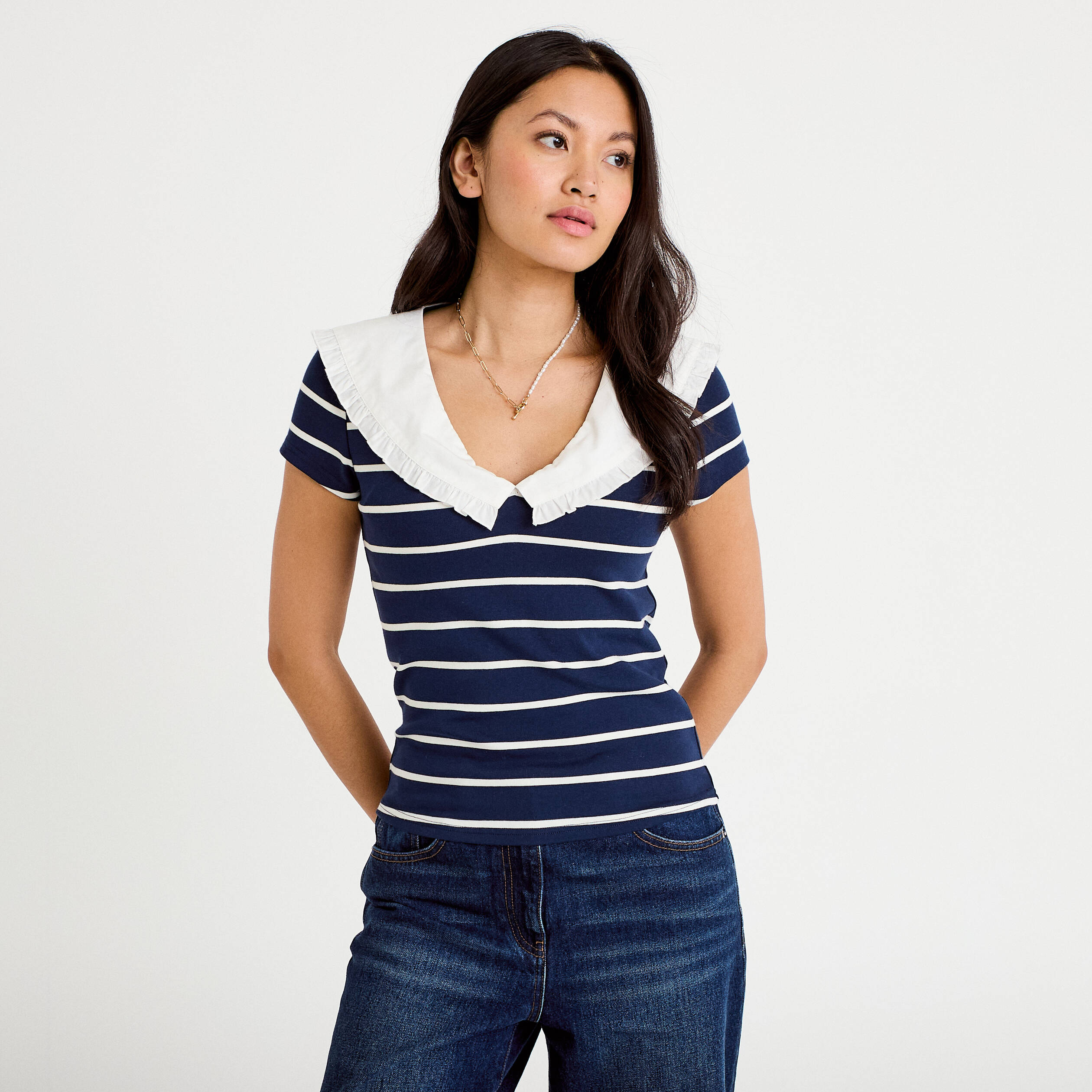 T-shirt col marin &agrave; volants ecru femme