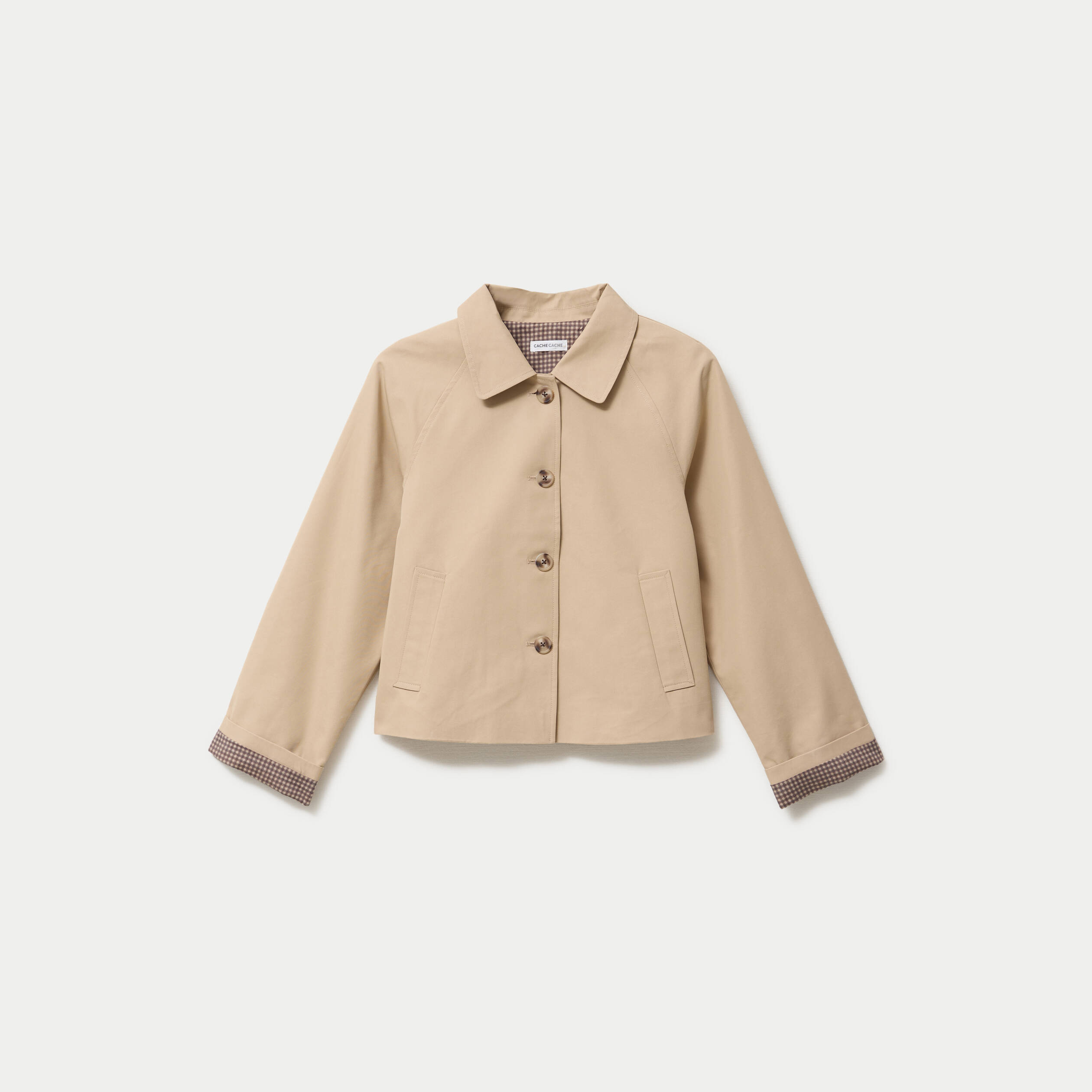 Veste courte boutonn&eacute;e doublure vichy beige femme