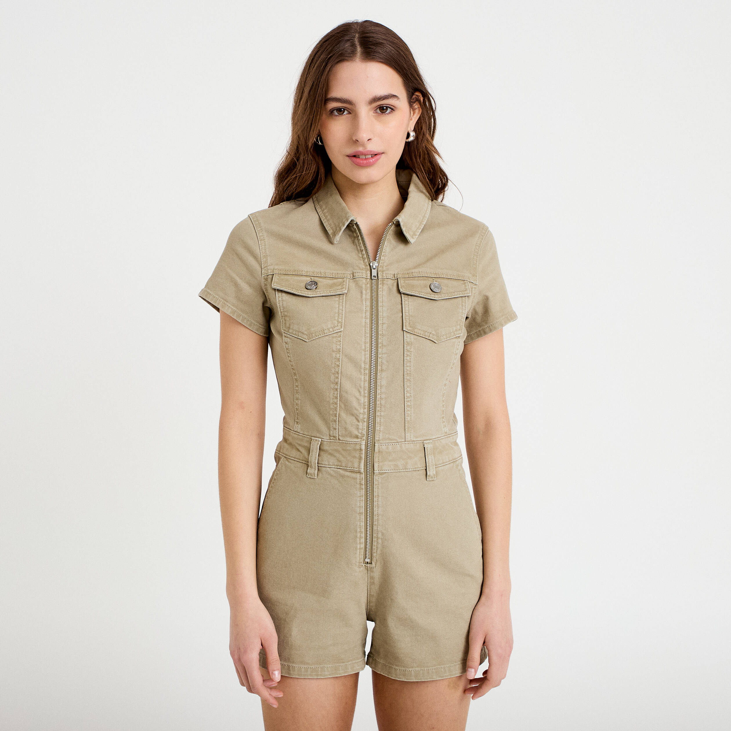Combishort zipp&eacute;e en jean vert femme