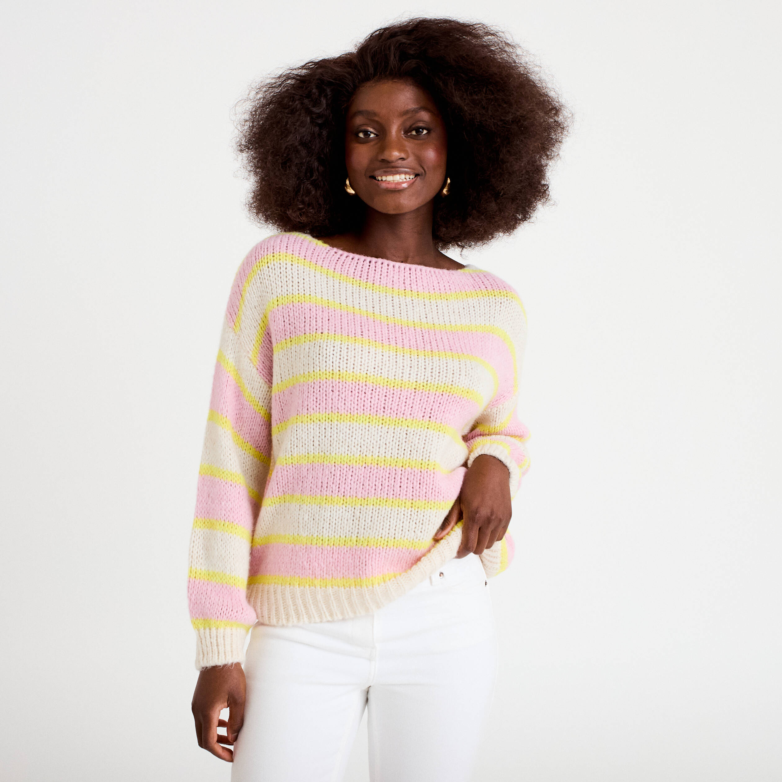 Pull col bateau manches longues jaune clair femme