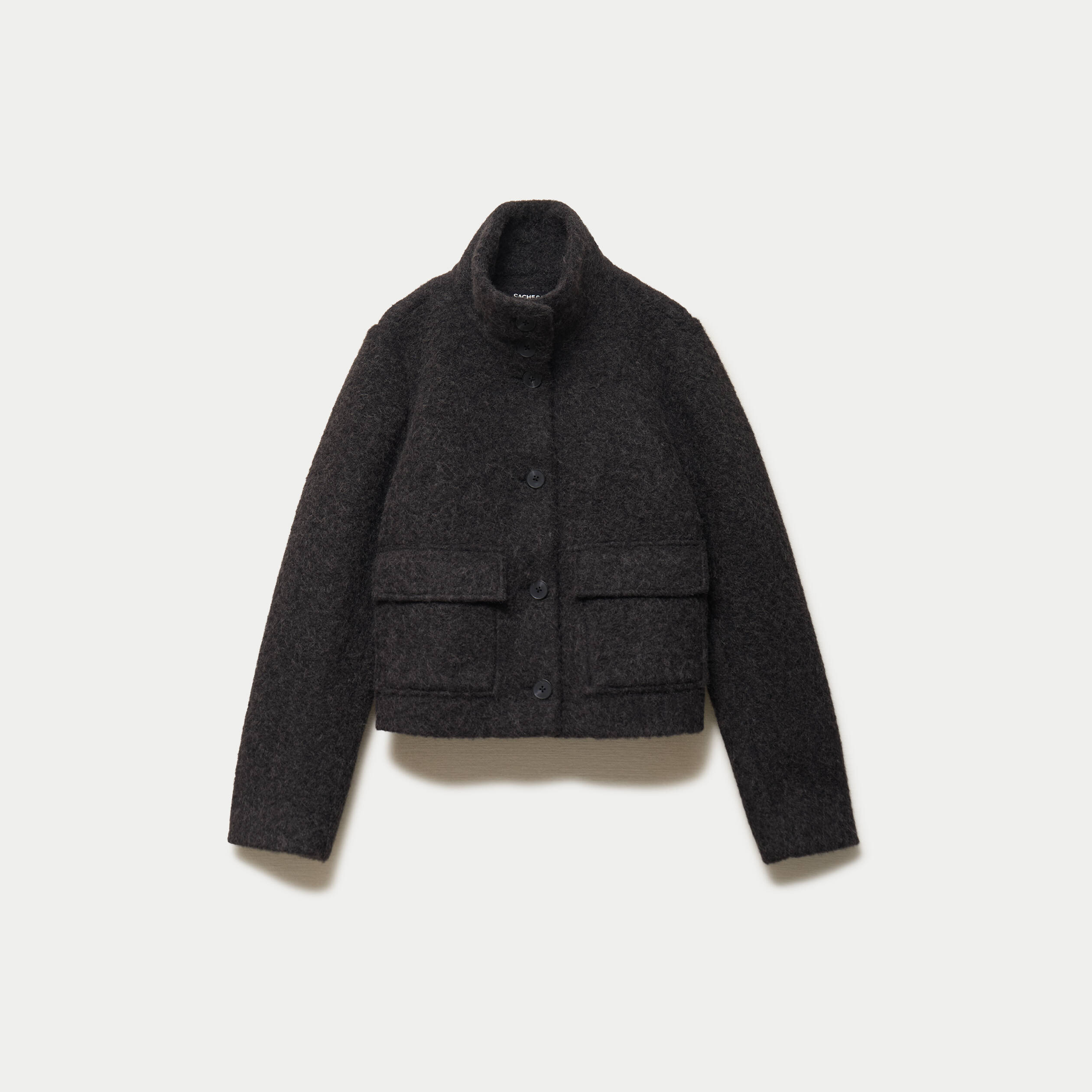 Veste droite bouclette col montant gris fonc&eacute; femme