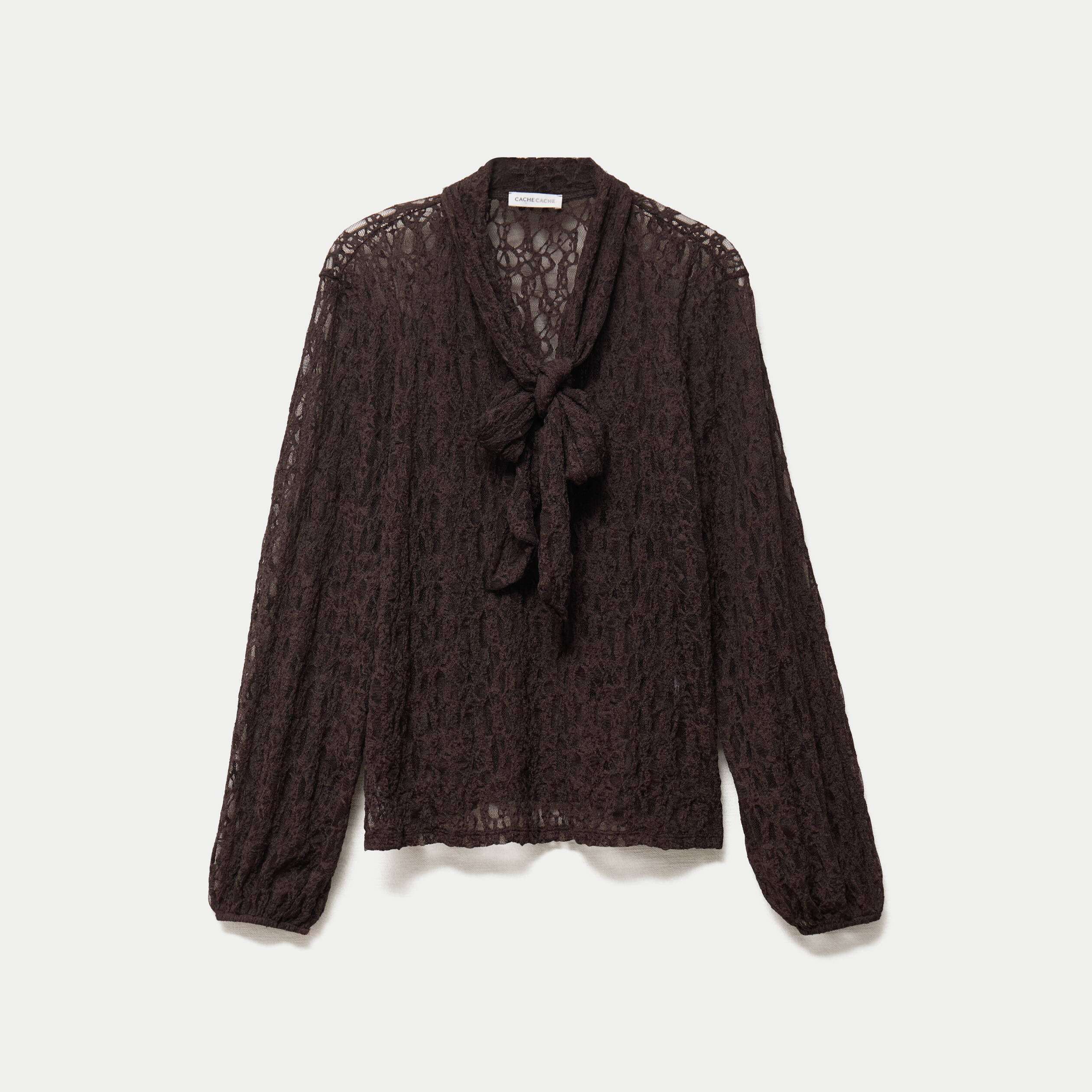 Blouse droite col montant dentelle marron fonc&eacute; femme