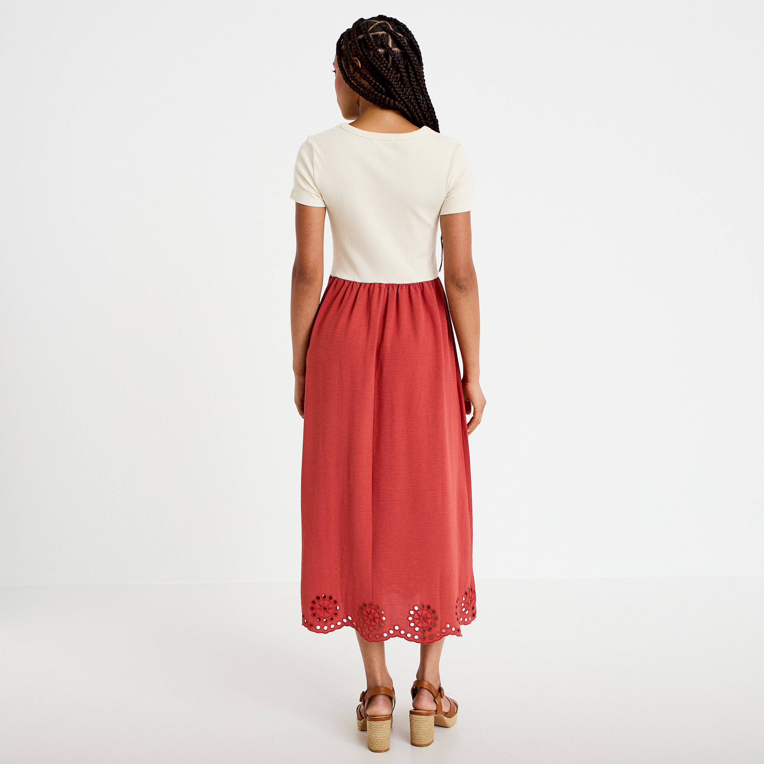 Robe longue &eacute;vas&eacute;e bi-mati&egrave;re brod&eacute;e vieux rose femme