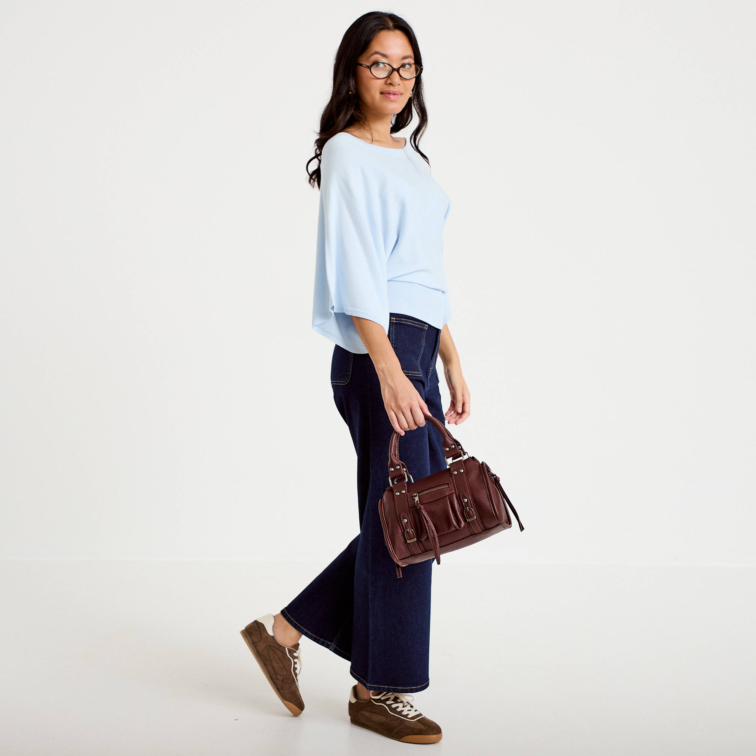 Pull ample manches courtes col rond bleu ciel femme