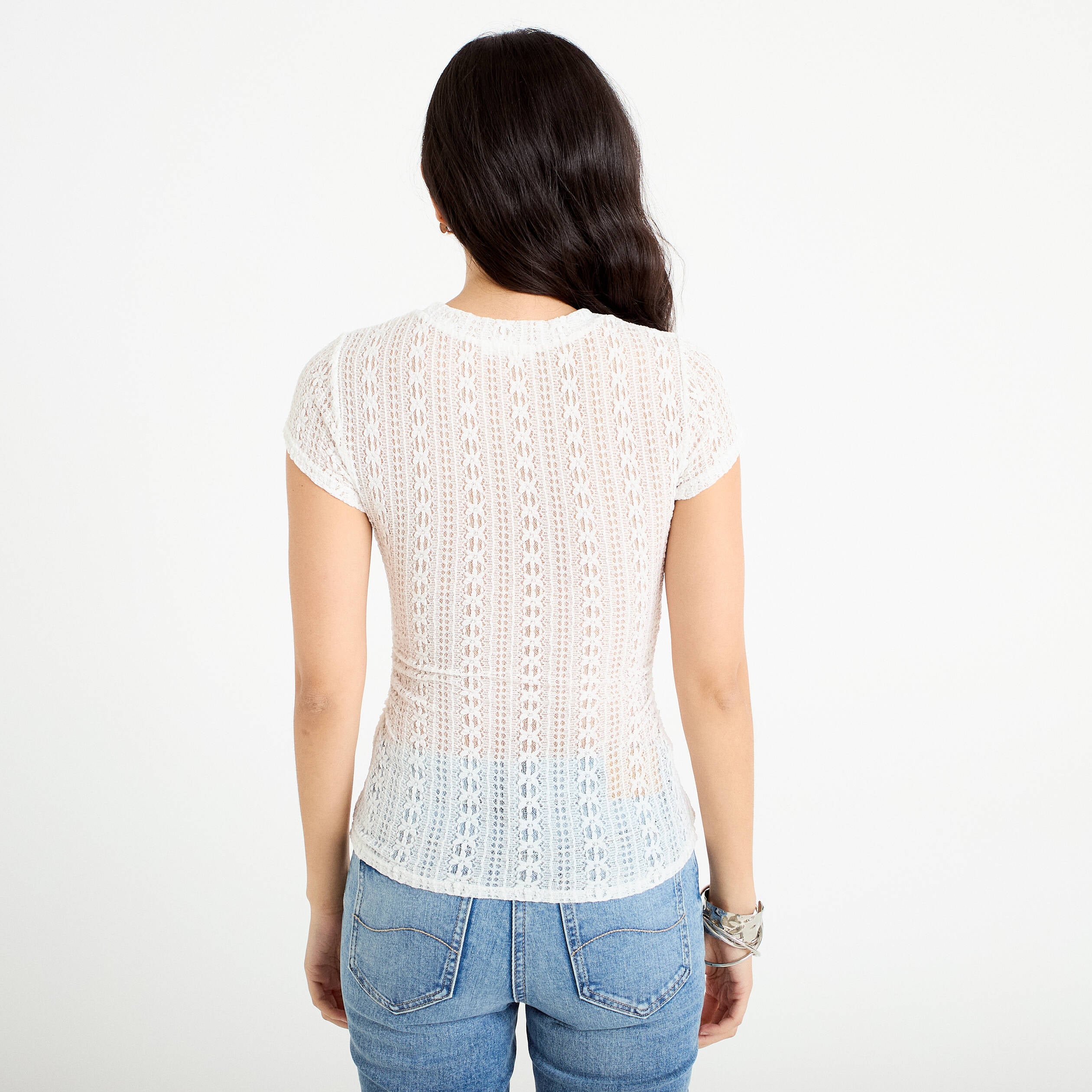 Top en dentelle col rond manches courtes ecru femme