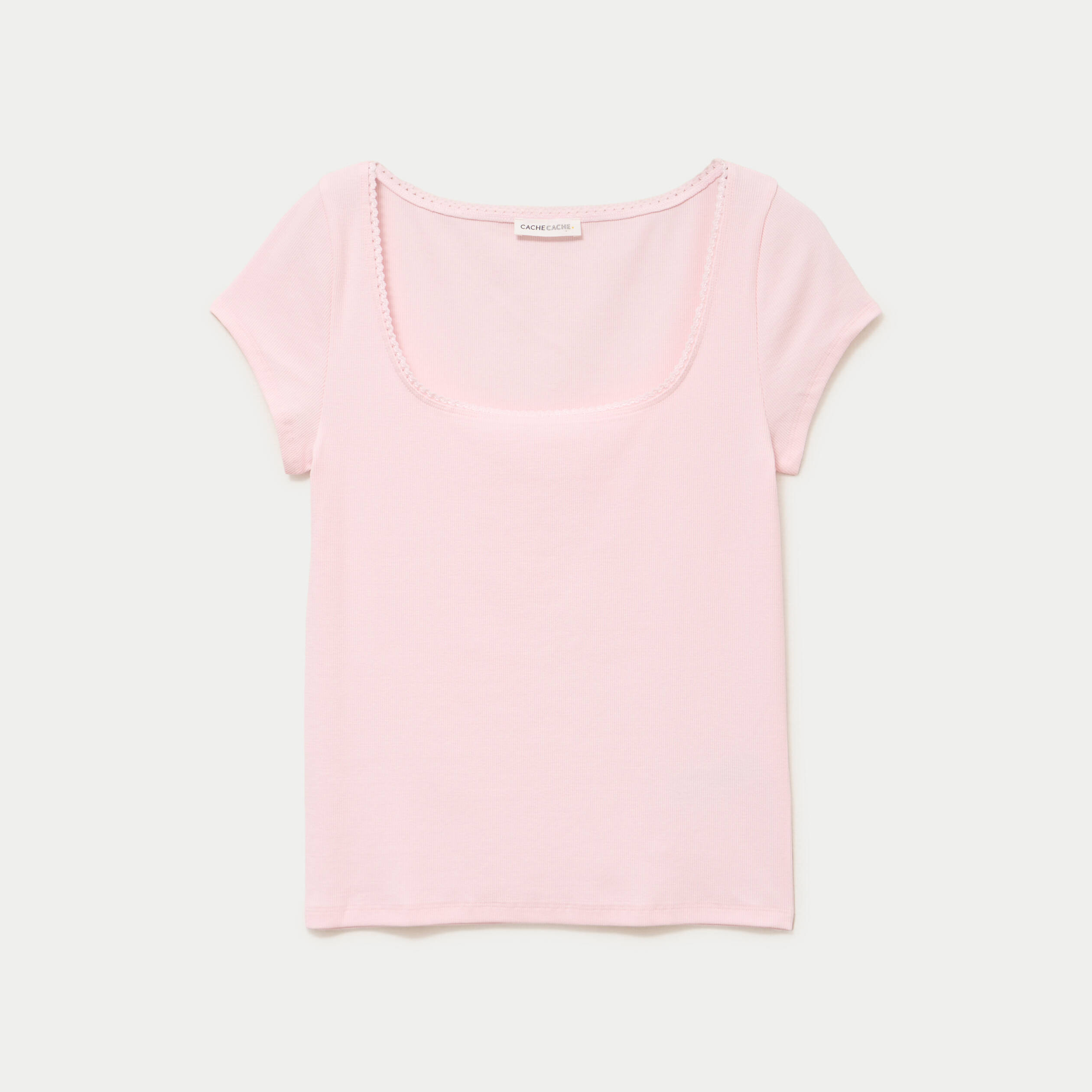 T-shirt cintr&eacute; d&eacute;collet&eacute; manches courtes rose clair femme