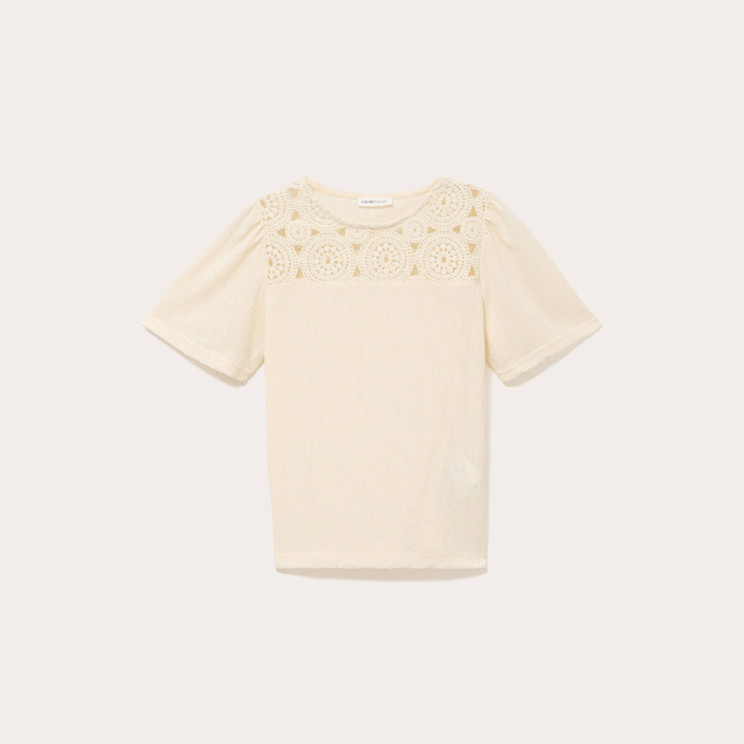 T-shirt manches courtes aspect dentelle ecru femme
