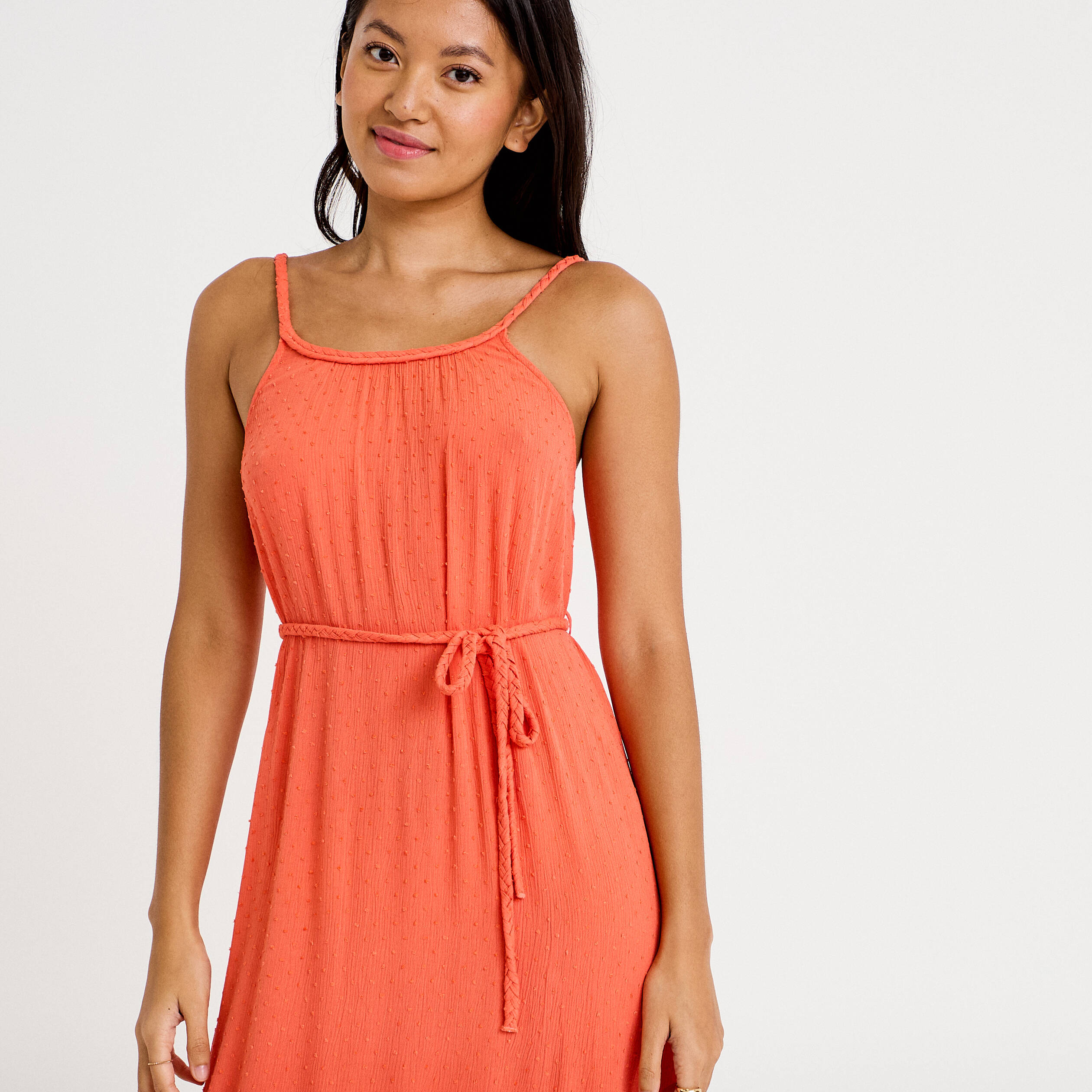 Robe longue &eacute;vas&eacute;e sans manches rouge corail femme