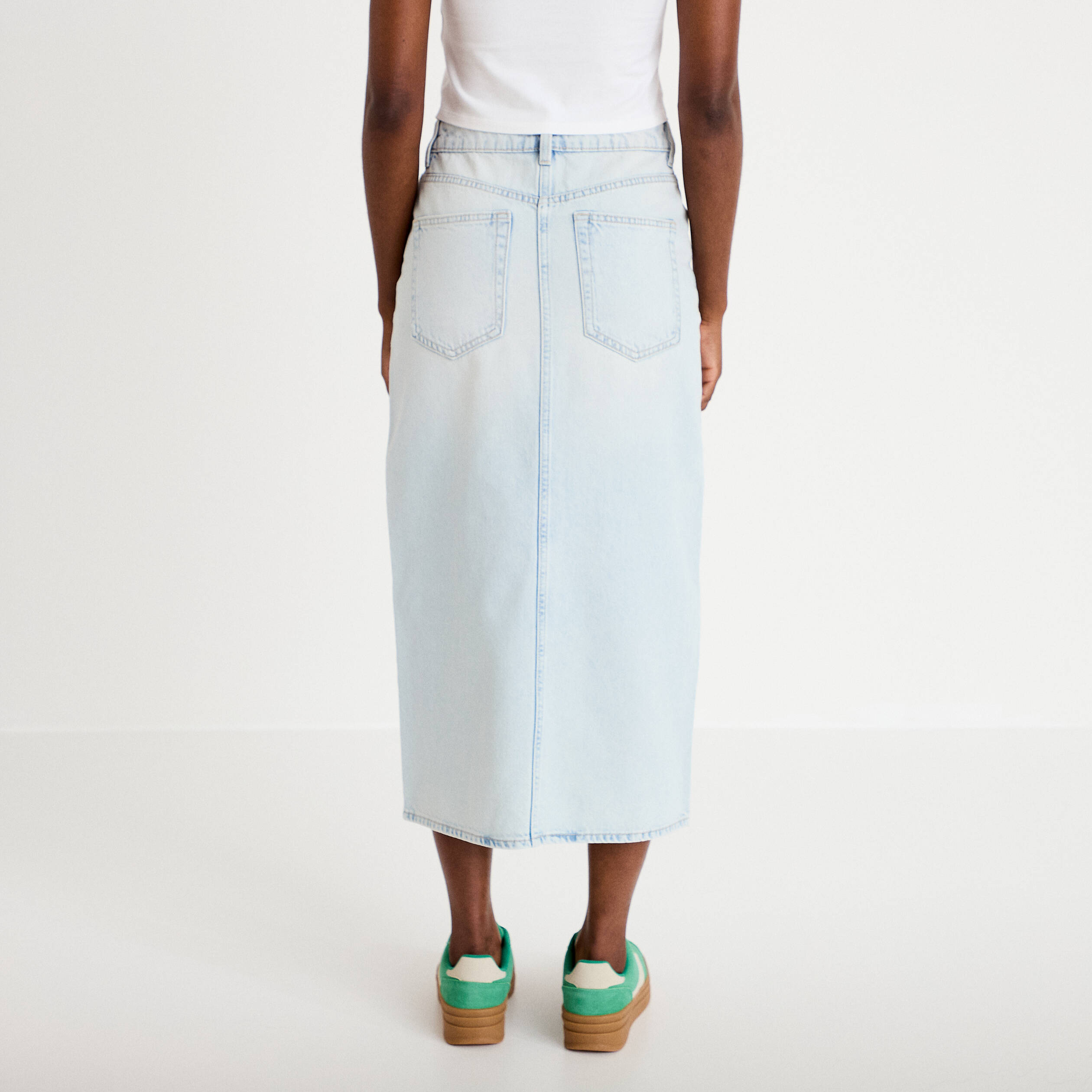 Jupe droite midi en jean 5 poches denim bleach femme