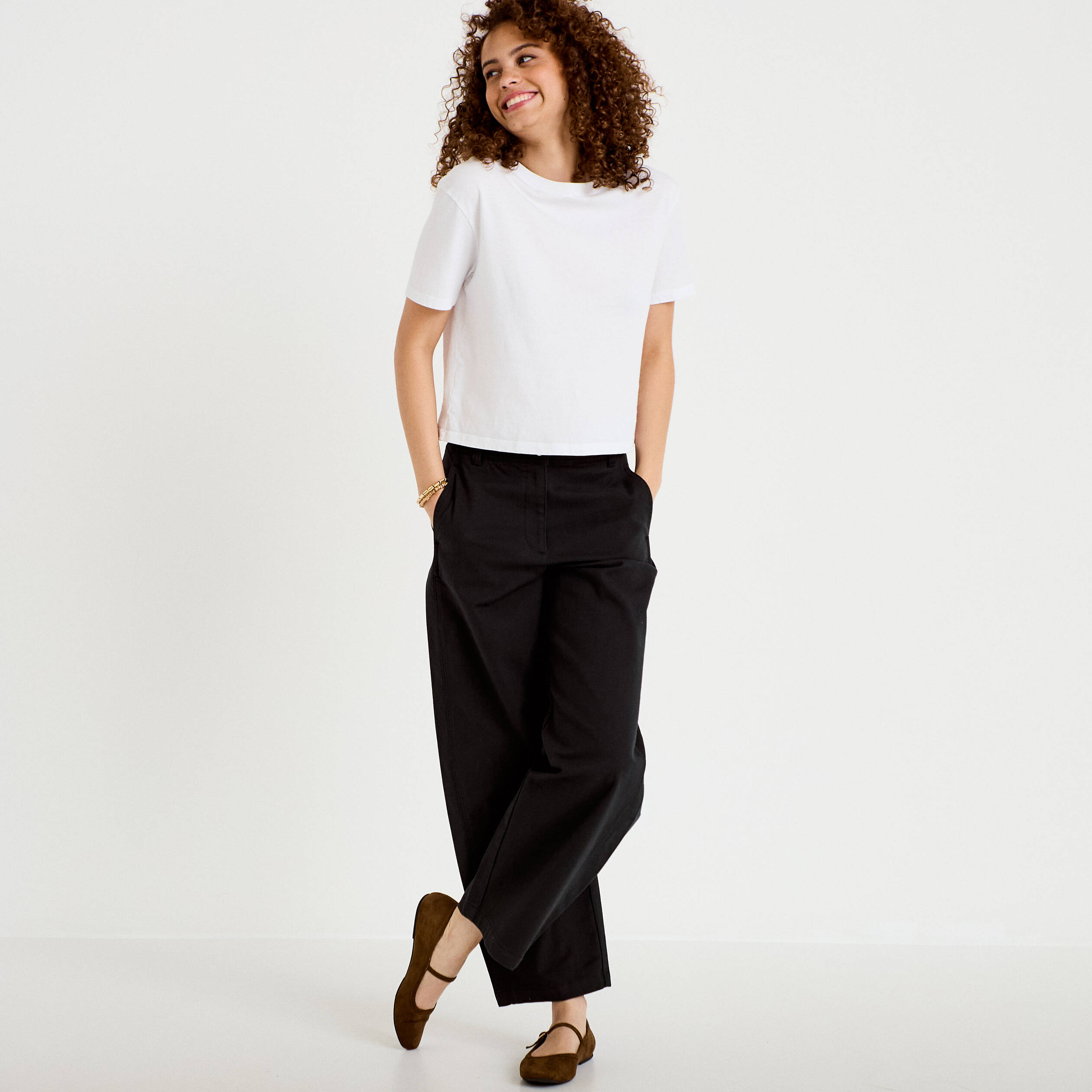 Pantalon chino coupe barrel noir femme