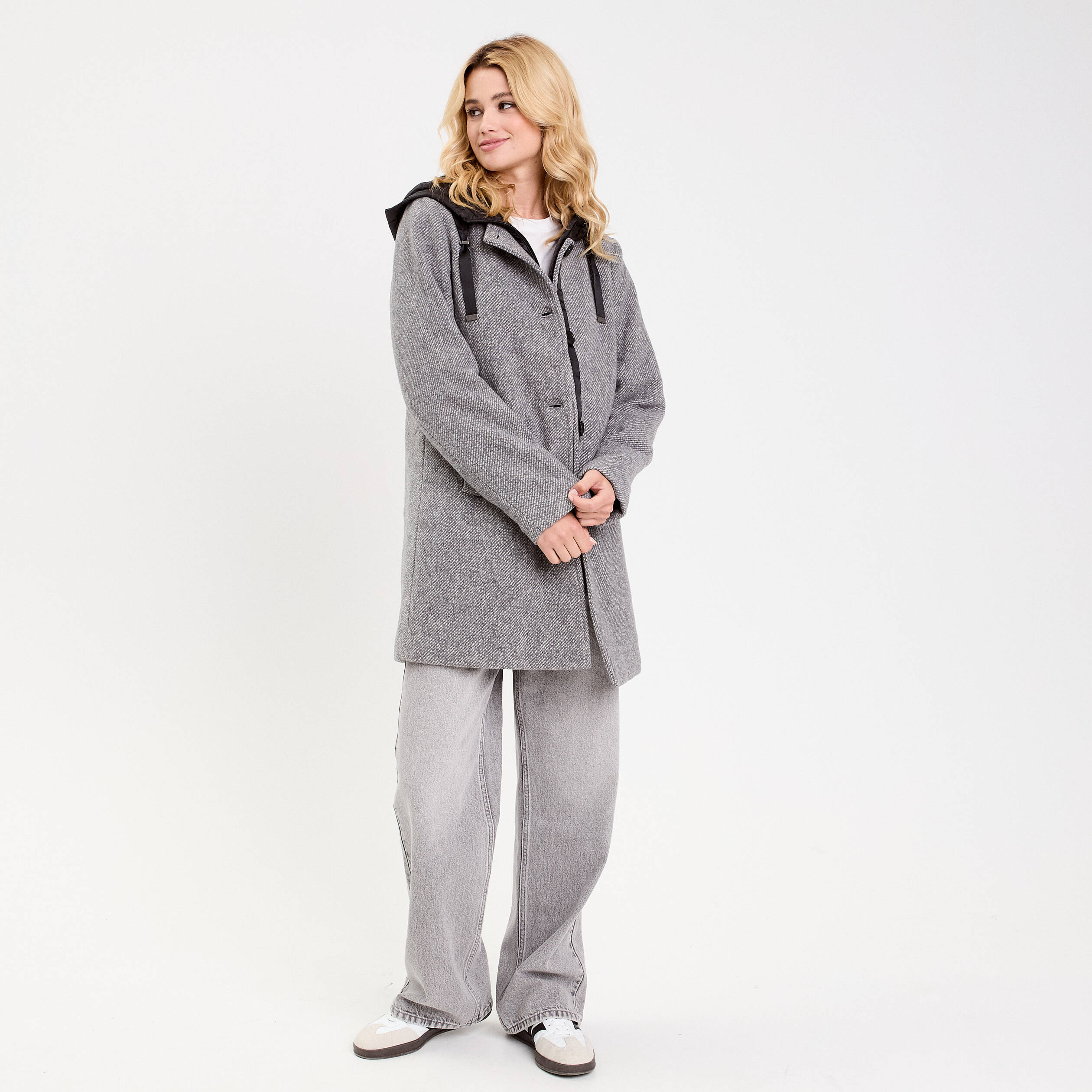 Manteau droit long &agrave; capuche gris clair femme