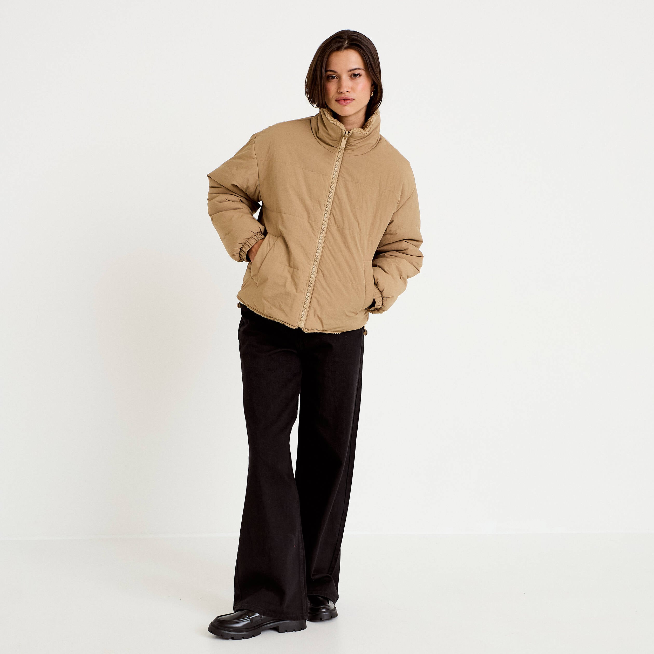 Parka r&eacute;versible effet polaire taupe femme