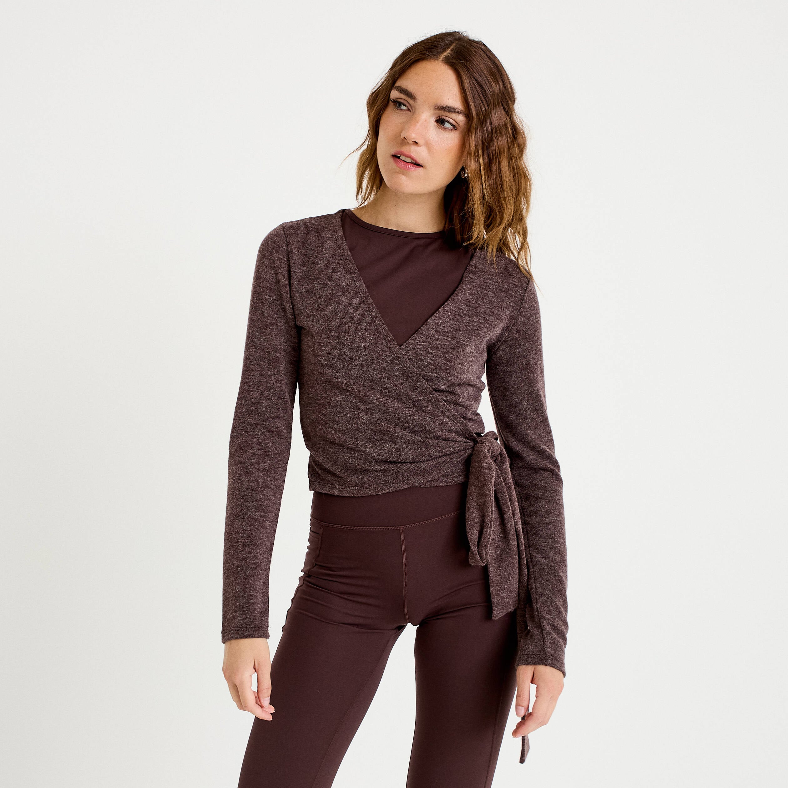 Cache-coeur droit manches longues marron clair femme