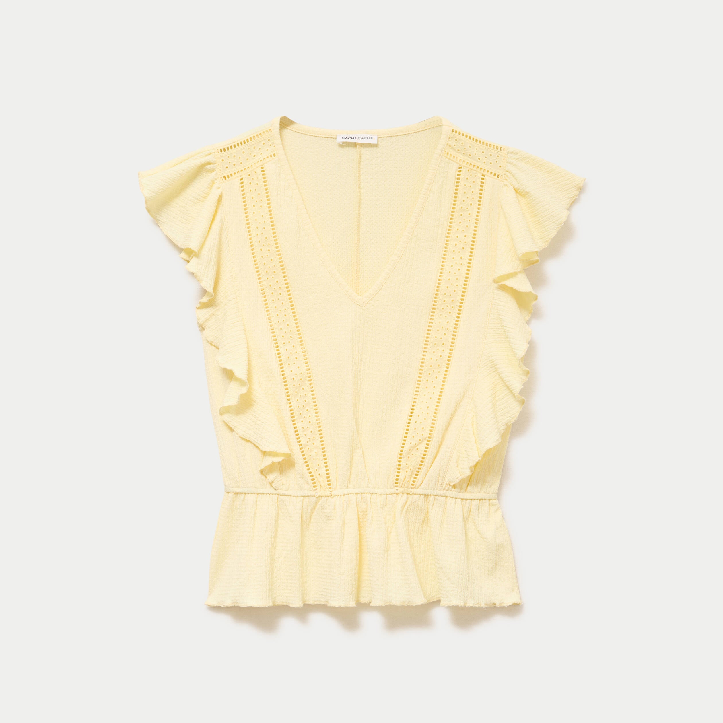 Blouse col rond manches courtes dentelle jaune pastel femme