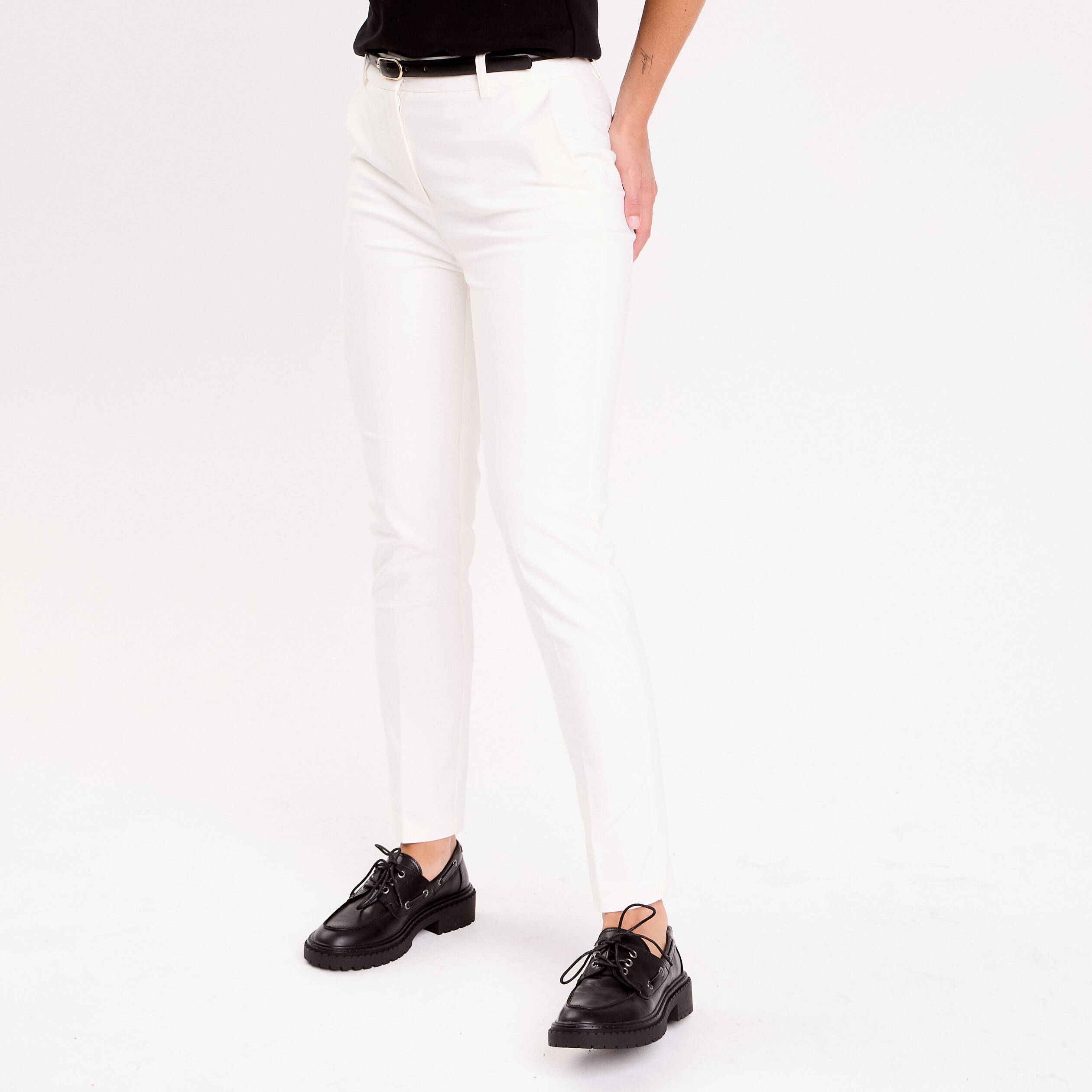 Pantalon cigarette ceintur&eacute; ecru femme