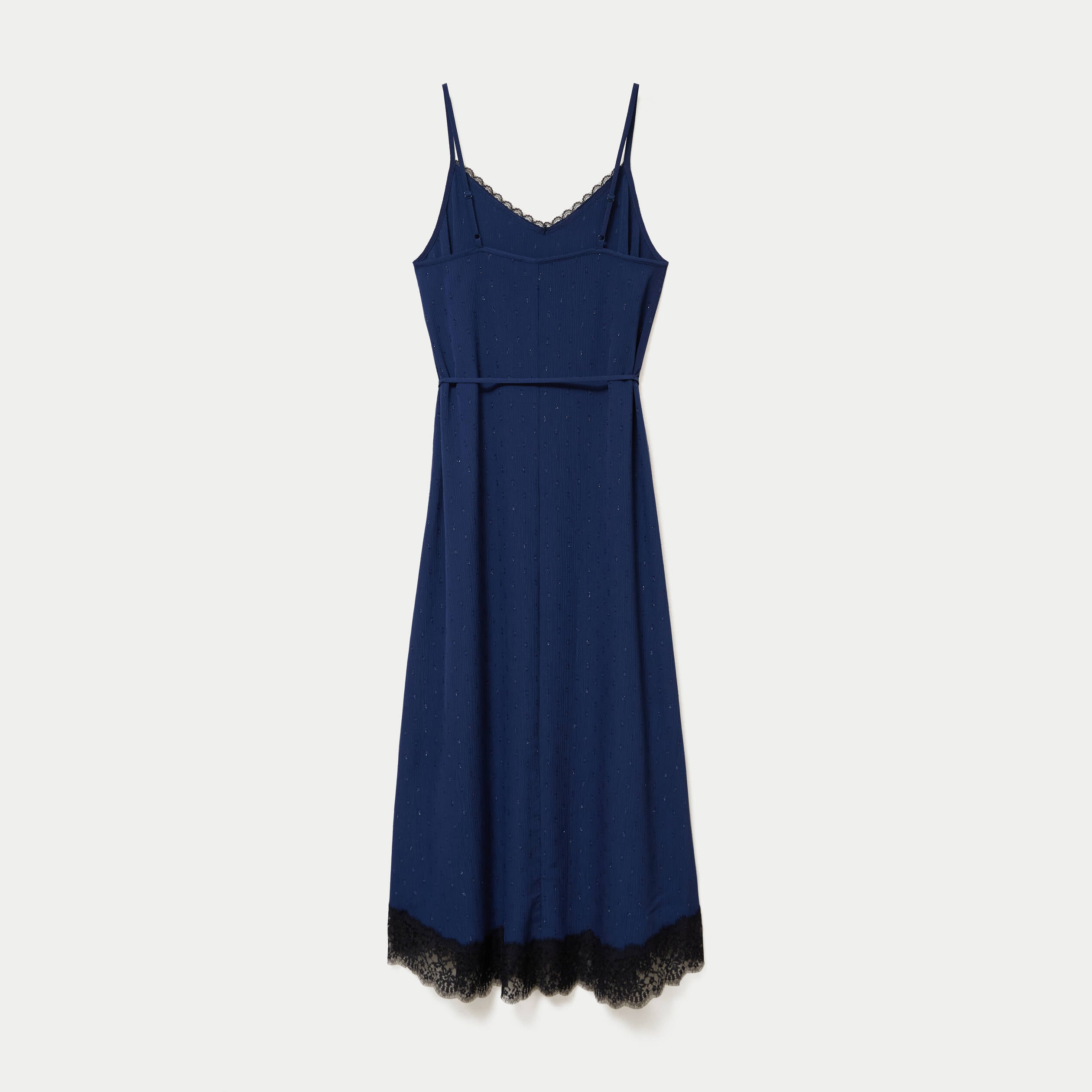 Robe longue &eacute;vas&eacute;e col v dentelle bleu marine femme
