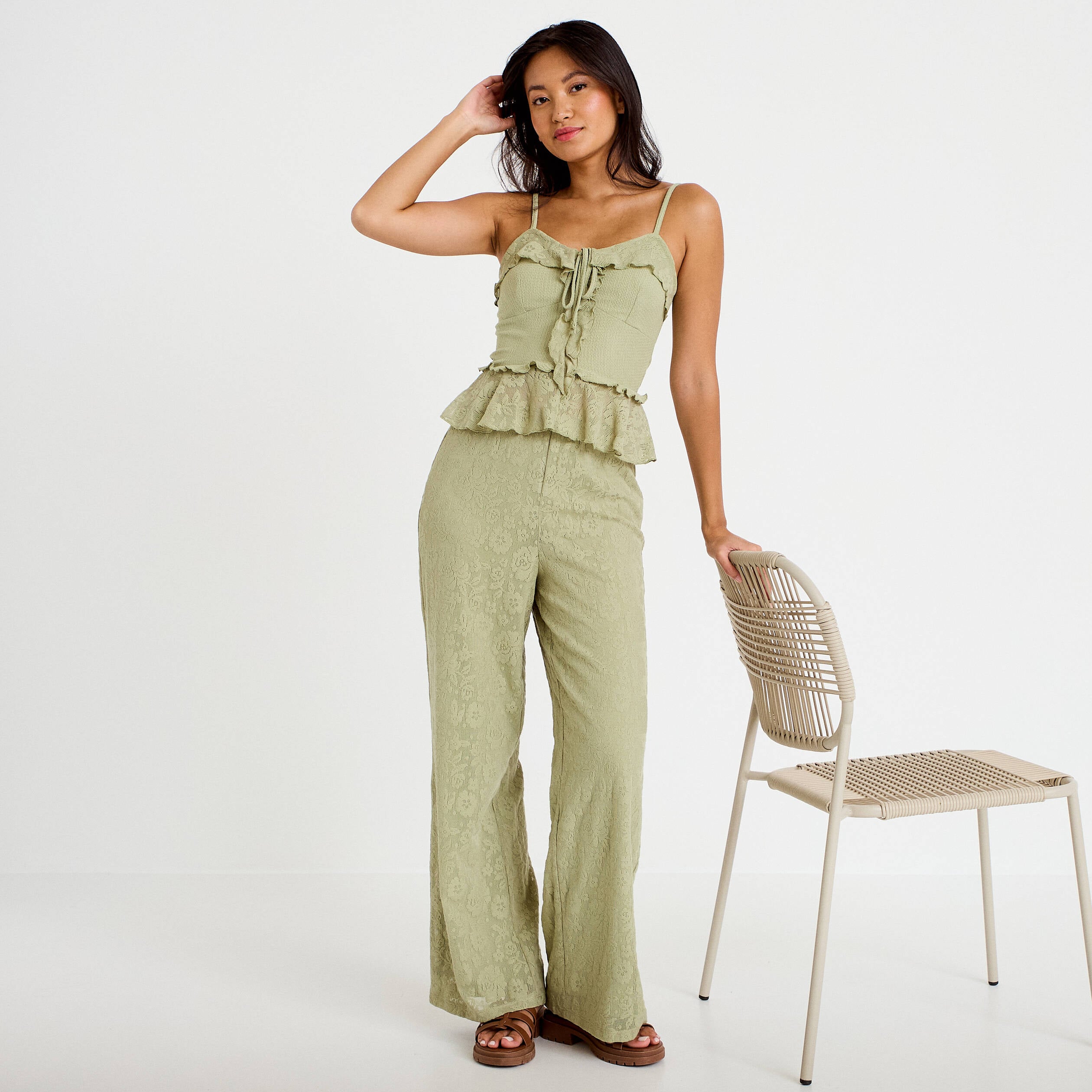 Pantalon large taille haute vert kaki femme