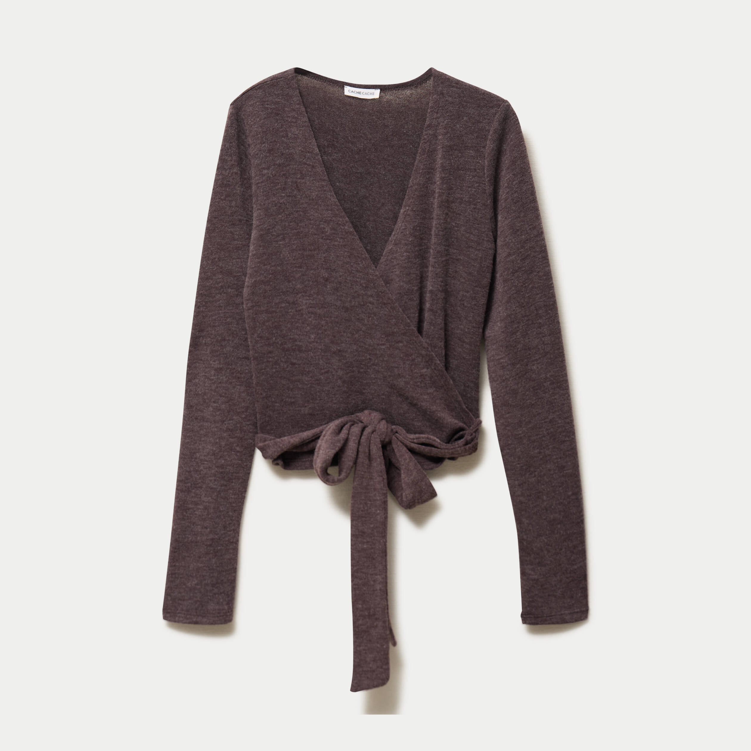 Cache-coeur droit manches longues marron clair femme